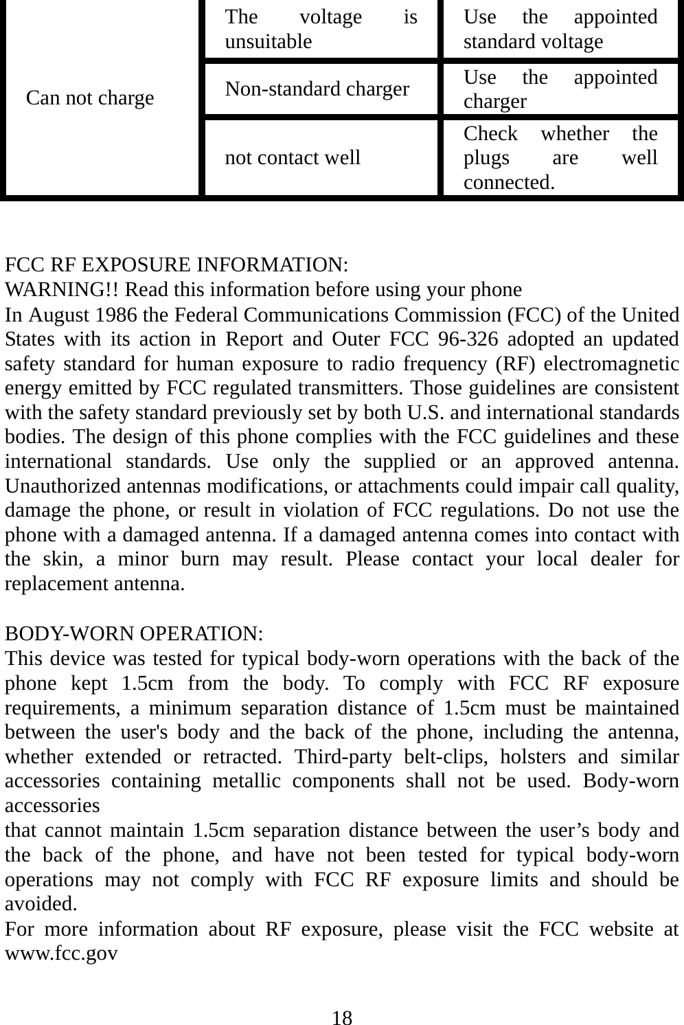   18Can not charge The voltage is unsuitable  Use the appointed standard voltage Non-standard charger  Use the appointed charger not contact well  Check whether the plugs are well connected.   FCC RF EXPOSURE INFORMATION: WARNING!! Read this information before using your phone In August 1986 the Federal Communications Commission (FCC) of the United States with its action in Report and Outer FCC 96-326 adopted an updated safety standard for human exposure to radio frequency (RF) electromagnetic energy emitted by FCC regulated transmitters. Those guidelines are consistent with the safety standard previously set by both U.S. and international standards bodies. The design of this phone complies with the FCC guidelines and these international standards. Use only the supplied or an approved antenna. Unauthorized antennas modifications, or attachments could impair call quality, damage the phone, or result in violation of FCC regulations. Do not use the phone with a damaged antenna. If a damaged antenna comes into contact with the skin, a minor burn may result. Please contact your local dealer for replacement antenna.  BODY-WORN OPERATION: This device was tested for typical body-worn operations with the back of the phone kept 1.5cm from the body. To comply with FCC RF exposure requirements, a minimum separation distance of 1.5cm must be maintained between the user&apos;s body and the back of the phone, including the antenna, whether extended or retracted. Third-party belt-clips, holsters and similar accessories containing metallic components shall not be used. Body-worn accessories that cannot maintain 1.5cm separation distance between the user’s body and the back of the phone, and have not been tested for typical body-worn operations may not comply with FCC RF exposure limits and should be avoided. For more information about RF exposure, please visit the FCC website at www.fcc.gov  