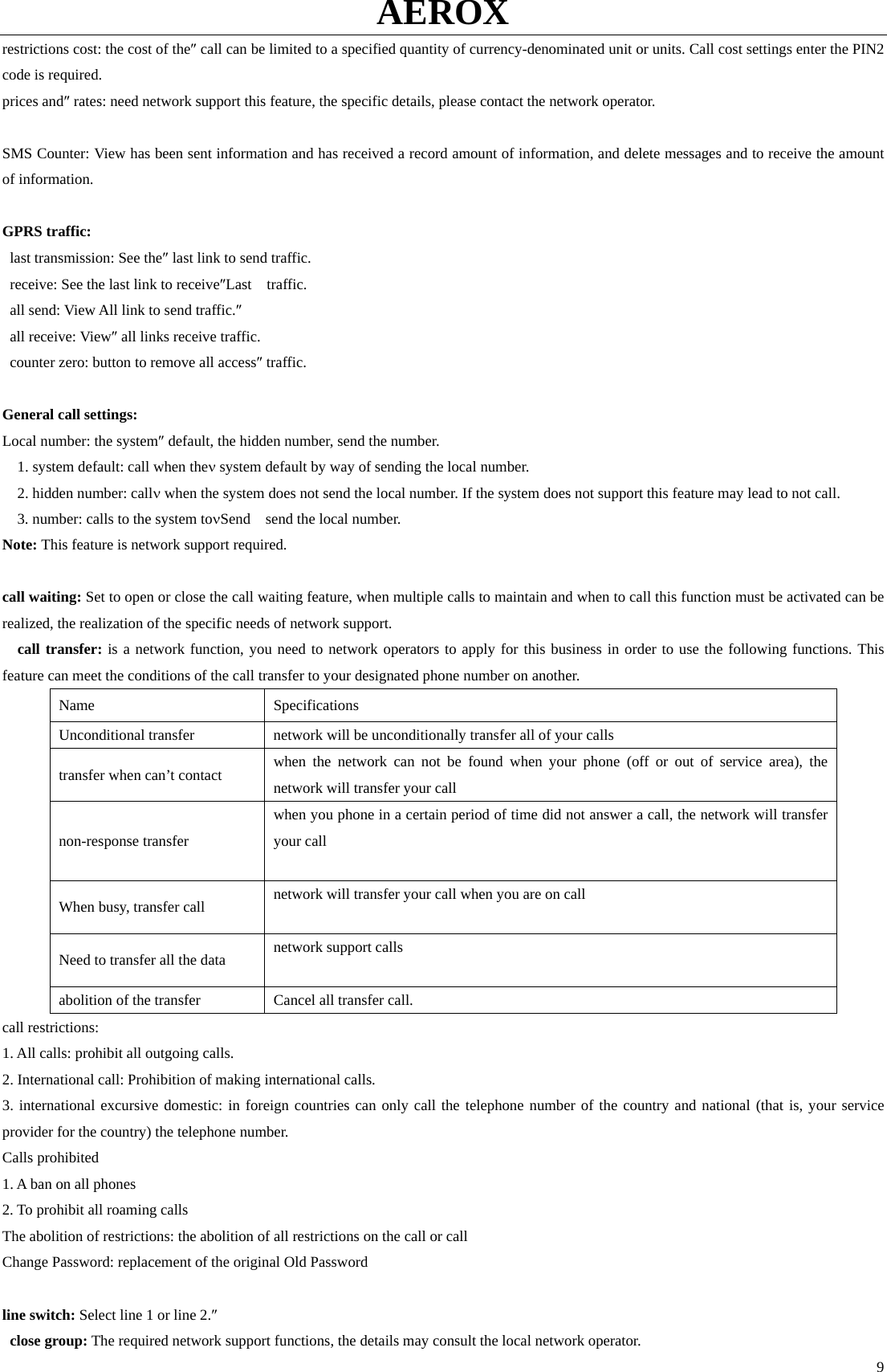 AEROX  9restrictions cost: the cost of the″ call can be limited to a specified quantity of currency-denominated unit or units. Call cost settings enter the PIN2 code is required.   prices and″ rates: need network support this feature, the specific details, please contact the network operator.    SMS Counter: View has been sent information and has received a record amount of information, and delete messages and to receive the amount of information.    GPRS traffic:     last transmission: See the″ last link to send traffic.     receive: See the last link to receive″Last  traffic.    all send: View All link to send traffic.″   all receive: View″ all links receive traffic.     counter zero: button to remove all access″ traffic.    General call settings:   Local number: the system″ default, the hidden number, send the number.       1. system default: call when theν system default by way of sending the local number.     2. hidden number: callν when the system does not send the local number. If the system does not support this feature may lead to not call.       3. number: calls to the system toνSend  send the local number.  Note: This feature is network support required.      call waiting: Set to open or close the call waiting feature, when multiple calls to maintain and when to call this function must be activated can be realized, the realization of the specific needs of network support.     call transfer: is a network function, you need to network operators to apply for this business in order to use the following functions. This feature can meet the conditions of the call transfer to your designated phone number on another. Name Specifications Unconditional transfer  network will be unconditionally transfer all of your calls transfer when can’t contact  when the network can not be found when your phone (off or out of service area), the network will transfer your call   non-response transfer when you phone in a certain period of time did not answer a call, the network will transfer your call    When busy, transfer call  network will transfer your call when you are on call  Need to transfer all the data  network support calls    abolition of the transfer  Cancel all transfer call. call restrictions: 1. All calls: prohibit all outgoing calls.   2. International call: Prohibition of making international calls.   3. international excursive domestic: in foreign countries can only call the telephone number of the country and national (that is, your service provider for the country) the telephone number.   Calls prohibited   1. A ban on all phones   2. To prohibit all roaming calls   The abolition of restrictions: the abolition of all restrictions on the call or call   Change Password: replacement of the original Old Password     line switch: Select line 1 or line 2.″   close group: The required network support functions, the details may consult the local network operator.   