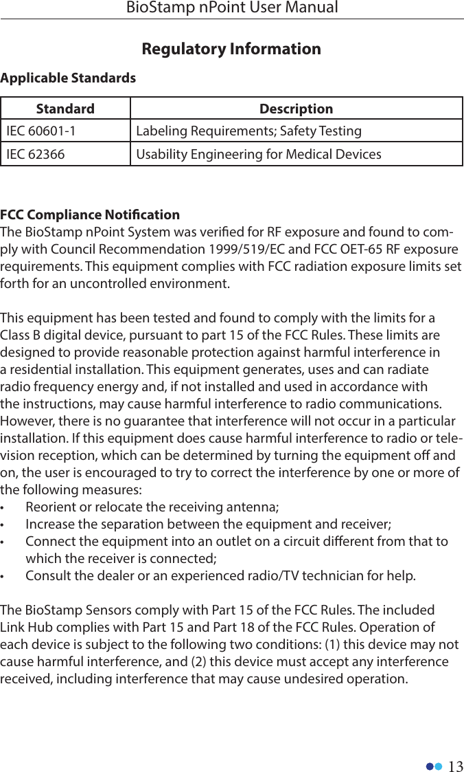 13BioStamp nPoint User ManualRegulatory Information Applicable StandardsStandard DescriptionIEC 60601-1 Labeling Requirements; Safety TestingIEC 62366 Usability Engineering for Medical DevicesFCC Compliance NoticationThe BioStamp nPoint System was veried for RF exposure and found to com-ply with Council Recommendation 1999/519/EC and FCC OET-65 RF exposure requirements. This equipment complies with FCC radiation exposure limits set forth for an uncontrolled environment.This equipment has been tested and found to comply with the limits for a Class B digital device, pursuant to part 15 of the FCC Rules. These limits are designed to provide reasonable protection against harmful interference in a residential installation. This equipment generates, uses and can radiate radio frequency energy and, if not installed and used in accordance with the instructions, may cause harmful interference to radio communications. However, there is no guarantee that interference will not occur in a particular installation. If this equipment does cause harmful interference to radio or tele-vision reception, which can be determined by turning the equipment o and on, the user is encouraged to try to correct the interference by one or more of the following measures: •  Reorient or relocate the receiving antenna;•  Increase the separation between the equipment and receiver;•  Connect the equipment into an outlet on a circuit dierent from that to which the receiver is connected;•  Consult the dealer or an experienced radio/TV technician for help.The BioStamp Sensors comply with Part 15 of the FCC Rules. The included Link Hub complies with Part 15 and Part 18 of the FCC Rules. Operation of each device is subject to the following two conditions: (1) this device may not cause harmful interference, and (2) this device must accept any interference received, including interference that may cause undesired operation.