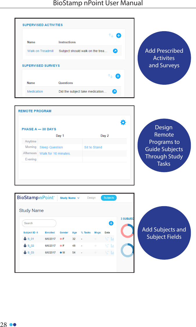 28BioStamp nPoint User ManualAdd Prescribed Activites and SurveysDesign Remote Programs to Guide Subjects Through Study TasksAdd Subjects and Subject Fields