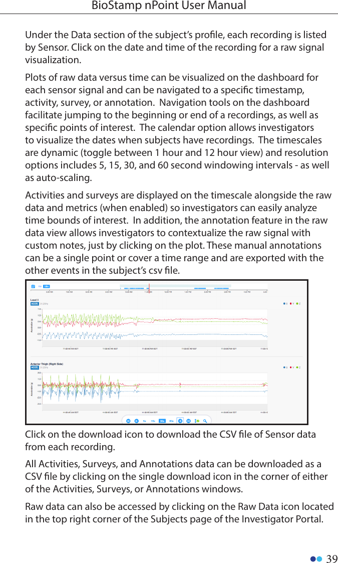 39BioStamp nPoint User ManualUnder the Data section of the subject’s prole, each recording is listed by Sensor. Click on the date and time of the recording for a raw signal visualization. Plots of raw data versus time can be visualized on the dashboard for each sensor signal and can be navigated to a specic timestamp, activity, survey, or annotation.  Navigation tools on the dashboard facilitate jumping to the beginning or end of a recordings, as well as specic points of interest.  The calendar option allows investigators to visualize the dates when subjects have recordings.  The timescales are dynamic (toggle between 1 hour and 12 hour view) and resolution options includes 5, 15, 30, and 60 second windowing intervals - as well as auto-scaling.Activities and surveys are displayed on the timescale alongside the raw data and metrics (when enabled) so investigators can easily analyze time bounds of interest.  In addition, the annotation feature in the raw data view allows investigators to contextualize the raw signal with custom notes, just by clicking on the plot. These manual annotations can be a single point or cover a time range and are exported with the other events in the subject’s csv le.Click on the download icon to download the CSV le of Sensor data from each recording. All Activities, Surveys, and Annotations data can be downloaded as a CSV le by clicking on the single download icon in the corner of either of the Activities, Surveys, or Annotations windows.  Raw data can also be accessed by clicking on the Raw Data icon located in the top right corner of the Subjects page of the Investigator Portal. 