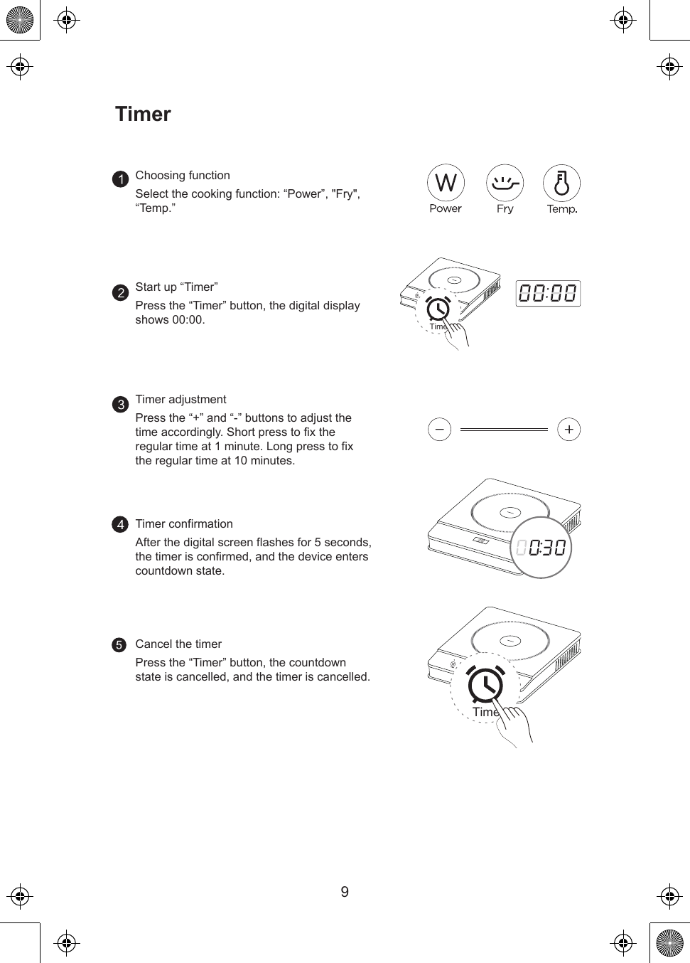TimerTimer9TimerChoosing functionSelect the cooking function: “Power”, &quot;Fry&quot;, “Temp.”Start up “Timer”Press the “Timer” button, the digital display shows 00:00.Timer adjustmentPress the “+” and “-” buttons to adjust the time accordingly. Short press to fix the regular time at 1 minute. Long press to fix the regular time at 10 minutes.Timer confirmationAfter the digital screen flashes for 5 seconds, the timer is confirmed, and the device enters countdown state.Cancel the timerPress the “Timer” button, the countdown state is cancelled, and the timer is cancelled.