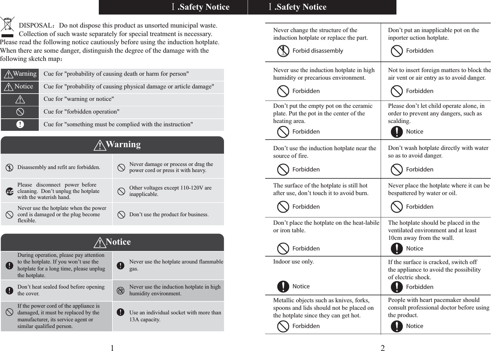 Never change the structure of the induction hotplate or replace the part.Never use the induction hotplate in high humidity or precarious environment.Don’t put the empty pot on the ceramic plate. Put the pot in the center of the heating area.Don’t use the induction hotplate near the source of fireDon’t put an inapplicable pot on the inporter uction hotplate.Not to insert foreign matters to block the air vent or air entry as to avoid danger.Please don’t let child operate alone, inorder to prevent any dangers, such asscalding. Don’t wash hotplate directly with water so as to avoid danger.ĉ.Safety NoticeForbiddenForbiddenForbiddenForbidden ForbiddenForbiddenNoticeForbid disassemblyDon’t place the hotplate on the heat-labile or iron table.Indoor use only.Metallic objects such as knives, forks,spoons and lids should not be placed onThe hotplate should be placed in the ventilated environment and at least 10cm away from the wall.People with heart pacemaker should consult professional doctor before using the product.The surface of the hotplate is still hot after use, don’t touch it to avoid burn.Never place the hotplate where it can be bespattered by water or oil.ForbiddenForbiddenForbiddenForbidden NoticeForbiddenNoticeNotice2If the surface is cracked, switch off the appliance to avoid the possibility of electric shock.Cue for &quot;probability of causing death or harm for person&quot;Cue for &quot;probability of causing physical damage or article damage&quot;Cue for &quot;warning or notice&quot;Cue for &quot;forbidden operation&quot;Cue for &quot;something must be complied with the instruction&quot;Warning NoticeDisassembly and refit are forbidden.Please   disconnect   power  before cleaning.  Don’t unplug the hotplate with the waterish hand.Never use the hotplate when the power cord is damaged or the plug become flexible.inapplicable.Don’t use the product for business.Never damage or process or drag the power cord or press it with heavy. During operation, please pay attention to the hotplate. If you won’t use the hotplate for a long time, please unplug the hotplate.Never use the hotplate around flammable gas.Never use the induction hotplate in high humidity environment.Use an individual socket with more than Don’t heat sealed food before opening the cover.NoticeWarningĉ.Safety Notice1           DISPOSAL˖Do not dispose this product as unsorted municipal waste.            Collection of such waste separately for special treatment is necessary.Please read the following notice cautiously before using the induction hotplate. When there are some danger, distinguish the degree of the damage with the following sketch map˖If the power cord of the appliance is damaged, it must be replaced by the manufacturer, its service agent or similar qualified person.the hotplate since they can get hot.Other voltages except 110-120V are 13  A capacity.