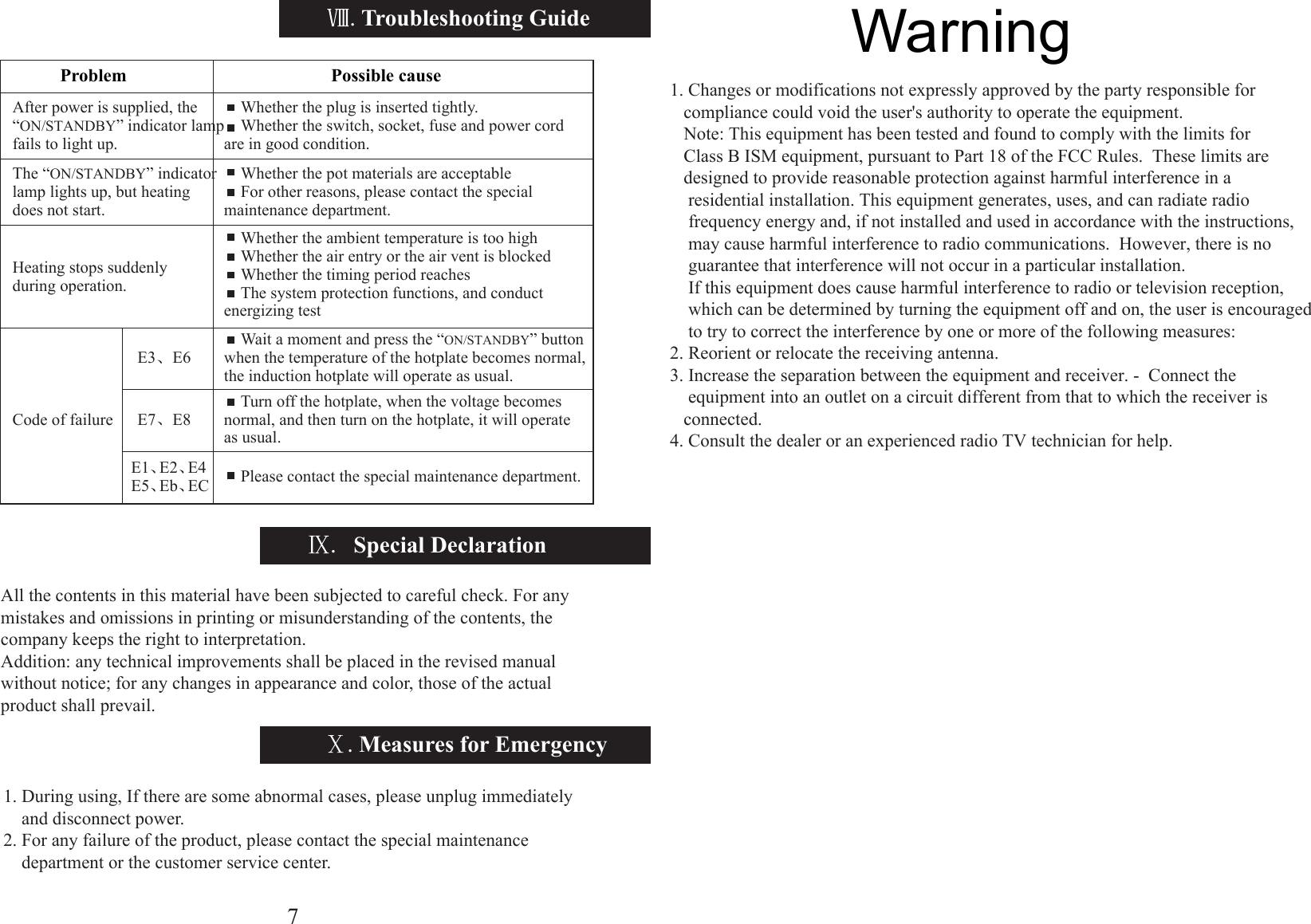 Special DeclarationTroubleshooting GuideAll the contents in this material have been subjected to careful check. For any mistakes and omissions in printing or misunderstanding of the contents, the company keeps the right to interpretation.Addition: any technical improvements shall be placed in the revised manual without notice; for any changes in appearance and color, those of the actual product shall prevail.Measures for Emergency1. During using, If there are some abnormal cases, please unplug immediately     and disconnect power. 2. For any failure of the product, please contact the special maintenance     department or the customer service center.After power is supplied, the “ON/STANDBY” indicator lamp fails to light up.    Whether the plug is inserted tightly.    Whether the switch, socket, fuse and power cord are in good condition.    Whether the pot materials are acceptable    For other reasons, please contact the special maintenance department.    Whether the ambient temperature is too high    Whether the air entry or the air vent is blocked    Whether the timing period reaches    The system protection functions, and conduct energizing test    Wait a moment and press the “ON/STANDBY” button when the temperature of the hotplate becomes normal, the induction hotplate will operate as usual.    Turn off the hotplate, when the voltage becomes normal, and then turn on the hotplate, it will operate as usual.The “ON/STANDBY” indicator lamp lights up, but heating does not start.Heating stops suddenly during operation.Code of failureE3 E6E7 E8    Please contact the special maintenance department.E1 E2 E4E5 Eb ECesuac elbissoPmelborP7Warning1. Changes or modifications not expressly approved by the party responsible for    compliance could void the user&apos;s authority to operate the equipment.   Note: This equipment has been tested and found to comply with the limits for    Class B ISM equipment, pursuant to Part 18 of the FCC Rules.  These limits are    designed to provide reasonable protection against harmful interference in a     residential installation. This equipment generates, uses, and can radiate radio     frequency energy and, if not installed and used in accordance with the instructions,     may cause harmful interference to radio communications.  However, there is no     guarantee that interference will not occur in a particular installation.      If this equipment does cause harmful interference to radio or television reception,     which can be determined by turning the equipment off and on, the user is encouraged     to try to correct the interference by one or more of the following measures:2. Reorient or relocate the receiving antenna. 3. Increase the separation between the equipment and receiver. -  Connect the    equipment into an outlet on a circuit different from that to which the receiver is    connected.4. Consult the dealer or an experienced radio TV technician for help.