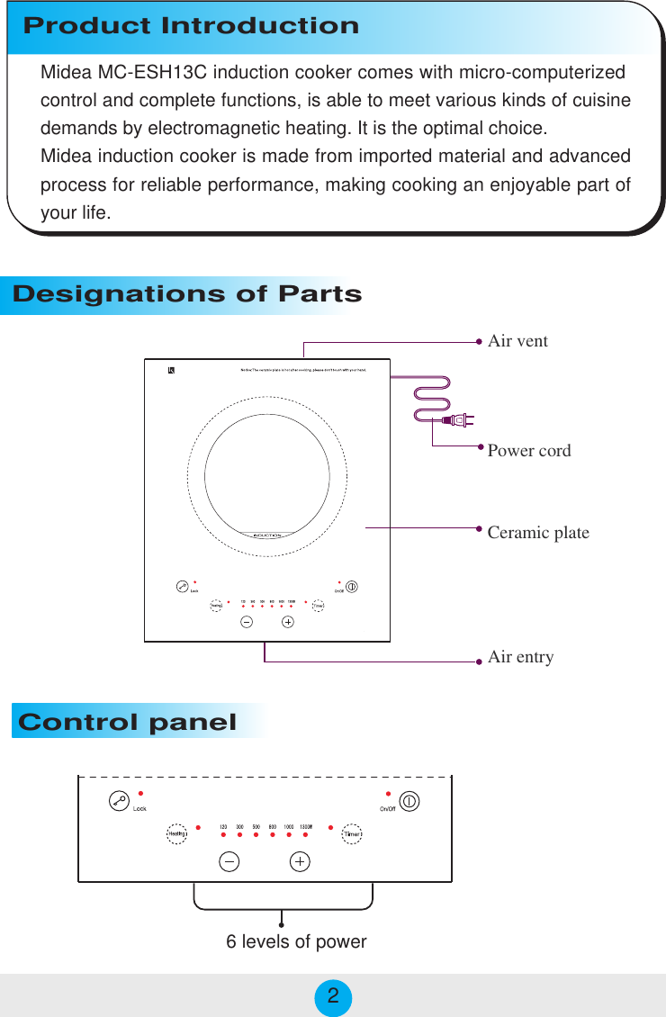  Designations of PartsProduct Introduction Control panelMidea MC-ESH13C induction cooker comes with micro-computerizedcontrol and complete functions, is able to meet various kinds of cuisinedemands by electromagnetic heating. It is the optimal choice.Midea induction cooker is made from imported material and advancedprocess for reliable performance, making cooking an enjoyable part ofyour life.6 levels of power2tnevriAdrocrewoPetalpcimareCyrtneriA