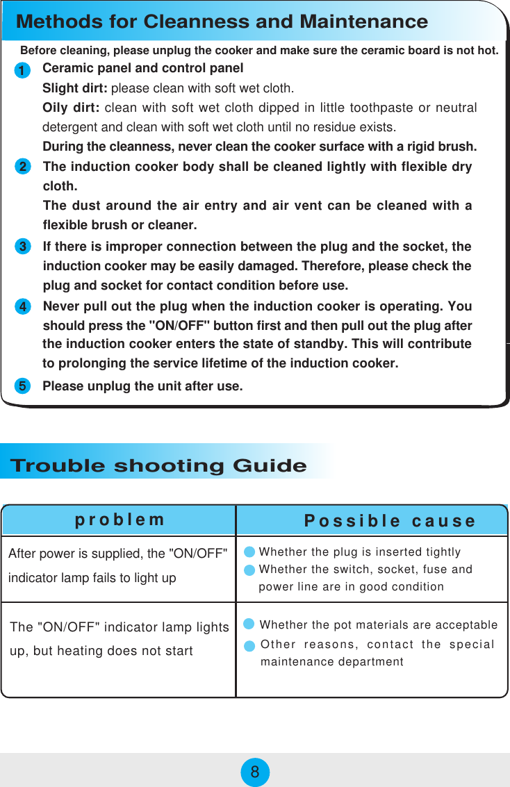 After power is supplied, the &quot;ON/OFF&quot;indicator lamp fails to light upThe &quot;ON/OFF&quot; indicator lamp lightsup, but heating does not startWhether the plug is inserted tightlyWhether the switch, socket, fuse andpower line are in good conditionthe induction cooker enters the state of standby. This will contributeto prolonging the service lifetime of the induction cooker.Please unplug the unit after use.Trouble shooting GuidePossible causeproblemCeramic panel and control panelSlight dirt: please clean with soft wet cloth.Oily dirt: clean with soft wet cloth dipped in little toothpaste or neutraldetergent and clean with soft wet cloth until no residue exists.During the cleanness, never clean the cooker surface with a rigid brush.Methods for Cleanness and MaintenanceThe induction cooker body shall be cleaned lightly with flexible drycloth.The dust around the air entry and air vent can be cleaned with aflexible brush or cleaner.If there is improper connection between the plug and the socket, theinduction cooker may be easily damaged. Therefore, please check theplug and socket for contact condition before use.Never pull out the plug when the induction cooker is operating. Youshould press the &quot;ON/OFF&quot; button first and then pull out the plug afterWhether the pot materials are acceptableOther reasons, contact the specialmaintenance department8Before cleaning, please unplug the cooker and make sure the ceramic board is not hot.