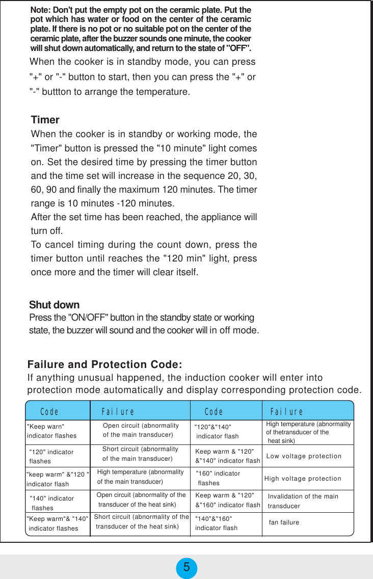 TimerWhen the cooker is in standby or working mode, the&quot;Timer&quot; button is pressed the &quot;10 minute&quot; light comeson. Set the desired time by pressing the timer buttonand the time set will increase in the sequence 20, 30,60, 90 and finally the maximum 120 minutes. The timerrange is 10 minutes -120 minutes.After the set time has been reached, the appliance willturn off.To cancel timing during the count down, press thetimer button until reaches the &quot;120 min&quot; light, pressonce more and the timer will clear itself.&quot;120&quot; indicatorflashes&quot;keep warm&quot; &amp;&quot;120 &quot;indicator flash&quot;140&quot; indicator flashes&quot;Keep warn&quot;indicator flashes&quot;120&quot;&amp;&quot;140&quot; indicator flashKeep warm &amp; &quot;120&quot;&amp;&quot;140&quot; indicator flash&quot;160&quot; indicator flashes&quot;Keep warm&quot;&amp; &quot;140&quot; indicator flashesKeep warm &amp; &quot;120&quot;&amp;&quot;160&quot; indicator flash&quot;140&quot;&amp;&quot;160&quot;indicator flashCode Failure Code FailureOpen circuit (abnormalityof the main transducer)Short circuit (abnormalityof the main transducer)High temperature (abnormalityof the main transducer)Low voltage protectionHigh voltage protectionOpen circuit (abnormality of the transducer of the heat sink)Short circuit (abnormality of the transducer of the heat sink)Invalidation of the maintransducerHigh temperature (abnormalityof thetransducer of the heat sink)fan failure5Note: Don&apos;t put the empty pot on the ceramic plate. Put thepot which has water or food on the center of the ceramicplate. If there is no pot or no suitable pot on the center of theceramic plate, after the buzzer sounds one minute, the cookerwill shut down automatically, and return to the state of &quot;OFF&quot;.When the cooker is in standby mode, you can press&quot;+&quot; or &quot;-&quot; button to start, then you can press the &quot;+&quot; or&quot;-&quot; buttton to arrange the temperature.Shut downPress the &quot;ON/OFF&quot; button in the standby state or workingstate, the buzzer will sound and the cooker will in off mode.Failure and Protection Code:If anything unusual happened, the induction cooker will enter intoprotection mode automatically and display corresponding protection code.