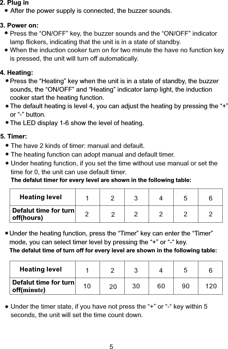 Press the “ON/OFF” key, the buzzer sounds and the “ON/OFF” indicator lamp flickers, indicating that the unit is in a state of standby.When the induction cooker turn on for two minute the have no function keyis pressed, the unit will turn off automatically.2. Plug in      After the power supply is connected, the buzzer sounds.3. Power on:54. Heating:Press the “Heating” key when the unit is in a state of standby, the buzzer sounds, the “ON/OFF” and “Heating” indicator lamp light, the induction cooker start the heating function.The default heating is level 4, you can adjust the heating by pressing the “+” or “-” button.The LED display 1-6 show the level of heating.Heating levelDefalut time for turn off(hours)1 2 3456222 2 2 25. Timer:The have 2 kinds of timer: manual and default.The heating function can adopt manual and default timer.Under heating function, if you set the time without use manual or set the time for 0, the unit can use default timer.The defalut timer for every level are shown in the following table:Under the heating function, press the “Timer” key can enter the “Timer” mode, you can select timer level by pressing the “+” or “-“ key.The defalut time of turn off for every level are shown in the following table:Heating levelDefalut time for turn off(minute)1 2 345610 20 30 60 90 120Under the timer state, if you have not press the “+” or “-“ key within 5 seconds, the unit will set the time count down.