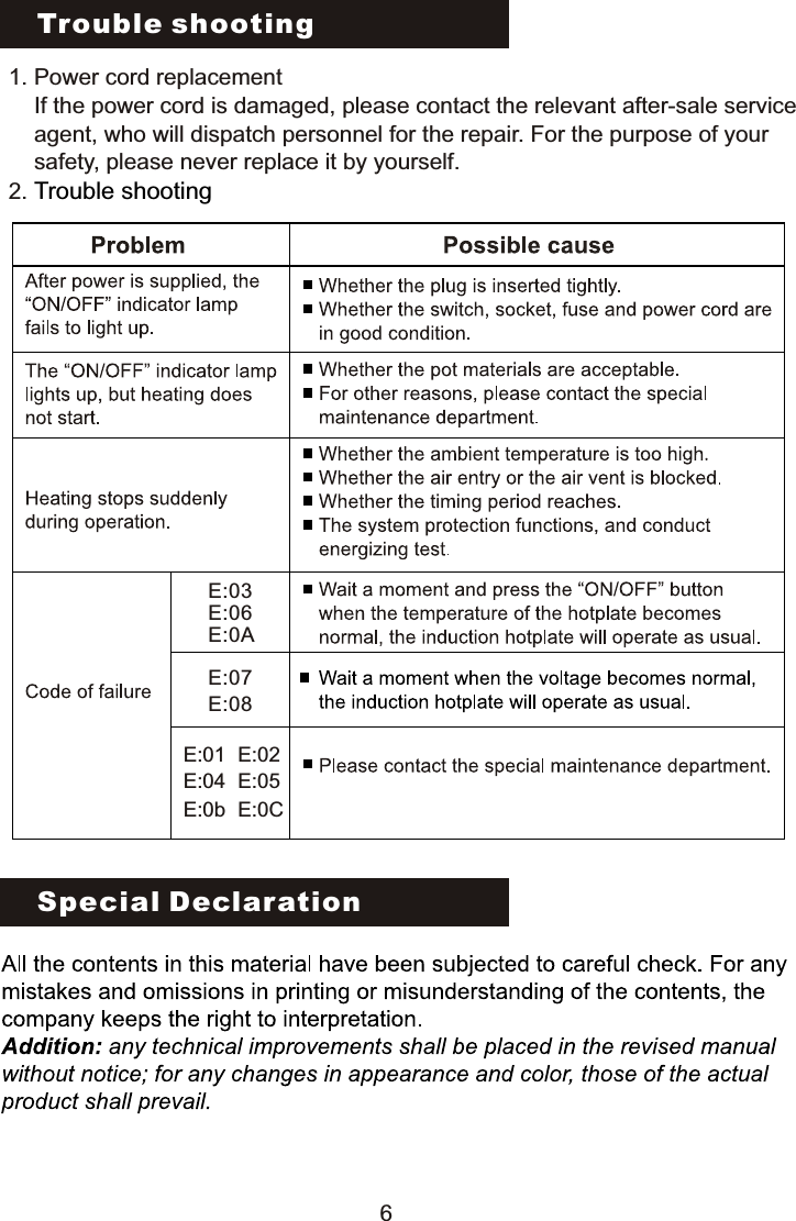 Trouble shooting Special Declaration1. Power cord replacement    If the power cord is damaged, please contact the relevant after-sale service     agent, who will dispatch personnel for the repair. For the purpose of your    safety, please never replace it by yourself.2. Trouble shooting6E:01 E:02E:03E:06E:0AE:07E:08E:04 E:05E:0b E:0C