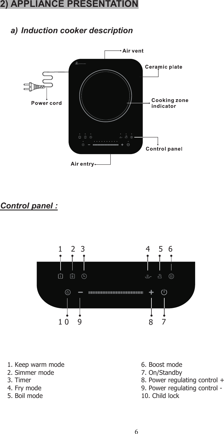 62) APPLIANCE PRESENTATIONa) Induction cooker descriptionControl panel :1. Keep warmmode2. Simmer mode3. Timer4. Fry mode5. Boil mode6. Boost mode7. On/Standby8. Power regulating control +9. Power regulating control -10. Child lock1    2 3 4     5 68    71 0     9