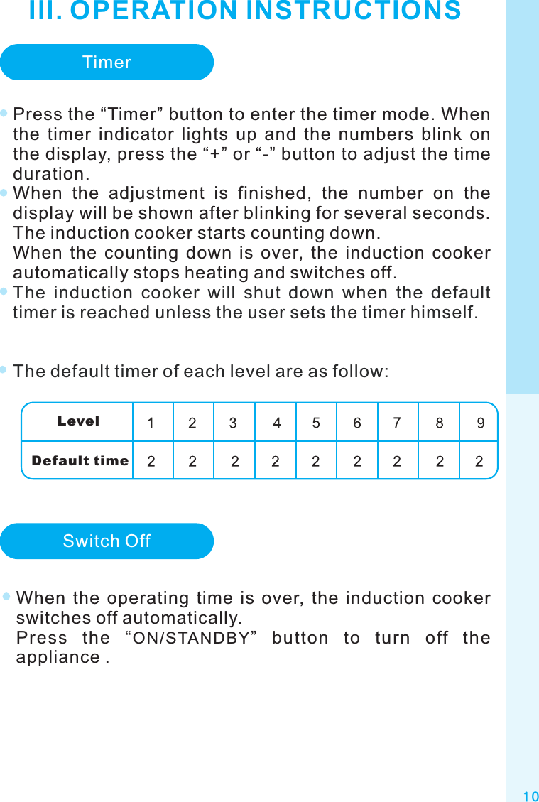 III. OPERATION INSTRUCTIONS1 0TimerPress the “Timer” button to enter the timer mode. When the  timer  indicator  lights  up  and  the  numbers  blink  on the display, press the “+” or “-” button to adjust the time duration.When  the  adjustment  is  finished,  the  number  on  the display will be shown after blinking for several seconds. The induction cooker starts counting down.When  the  counting  down  is  over,  the  induction  cooker automatically stops heating and switches off.The  induction  cooker  will  shut  down  when  the  default timer is reached unless the user sets the timer himself. The default timer of each level are as follow:LevelDefault timeSwitch OffWhen  the  operating  time  is  over,  the  induction  cooker switches off automatically.Press  the  “ON/STANDBY”  button  to  turn  off  the appliance .