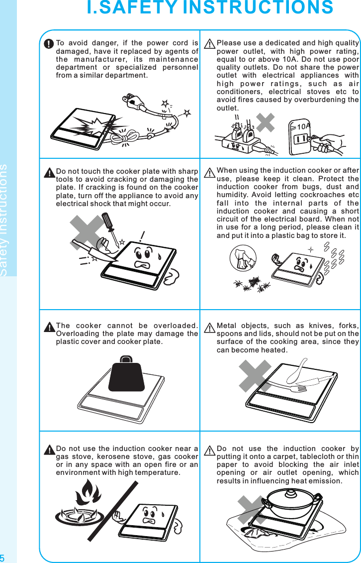 5Safety instructions≥10ATo  avoid  danger,  if  the  power  cord  is damaged,  have  it  replaced  by  agents  of th e  ma nu fac tu re r,  it s  m ai nt en an ce department  or  specialized  personnel from a similar department.Please use a dedicated and high quality power  outlet,  with  high  power  rating, equal  to  or  above  10A.  Do  not  use  poor quality  outlets.  Do  not  share  the  power outlet  with  electrical  appliances  with h i g h  p o w e r  r a t i n g s ,  s u c h  a s  a i r conditioners,  electrical  stoves  etc  to avoid fires caused by overburdening the outlet.When using the induction cooker or after use,  please  keep  it  clean.  Protect  the induction  cooker  from  bugs,  dust  and humidity.  Avoid  letting  cockroaches  etc fa ll  i nt o  t he  i nt er na l  pa rt s  o f  th e induction  cooker  and  causing  a  short circuit  of  the  electrical  board.  When  not in  use  for  a  long  period,  please  clean  it and put it into a plastic bag to store it.Do not touch the cooker plate with sharp tools  to  avoid  cracking  or  damaging  the plate.  If  cracking  is  found  on  the  cooker plate, turn off the appliance to avoid any electrical shock that might occur.Do  not  use  the  induction  cooker  by putting it onto a carpet, tablecloth or thin paper  to  avoid  blocking  the  air  inlet opening  or  air  outlet  opening,  which results in influencing heat emission.Do  not  use  the  induction  cooker  near  a gas  stove,  kerosene  stove,  gas  cooker or  in  any  space  with  an  open  fire  or  an environment with high temperature.Metal  objects,  such  as  knives,  forks, spoons and lids, should not be put on the surface  of  the  cooking  area,  since  they can become heated.The  coo ker  cann ot  be  overl oade d. Overloading  the  plate  may  damage  the plastic cover and cooker plate.I.SAFETY INSTRUCTIONS