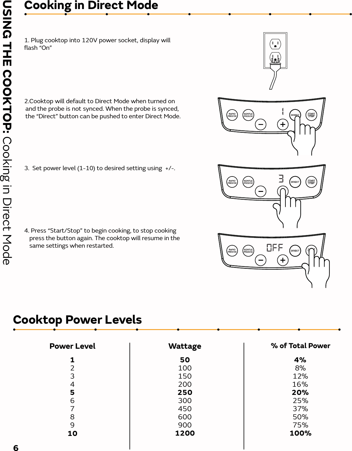 Cooktop Power Levels6Cooking in Direct Mode1. Plug cooktop into 120V power socket, display will ﬂash “On”2.Cooktop will default to Direct Mode when turned onand the probe is not synced. When the probe is synced,the “Direct” button can be pushed to enter Direct Mode. 3.  Set power level (1-10) to desired setting using  +/-.  4. Press “Start/Stop” to begin cooking, to stop cookingpress the button again. The cooktop will resume in thesame settings when restarted.  Power Level Wattage % of Total Power123456789105010015020025030045060090012004%8%12%16%20%25%37%50%75%100%USING THE COOKTOP: Cooking in Direct Mode