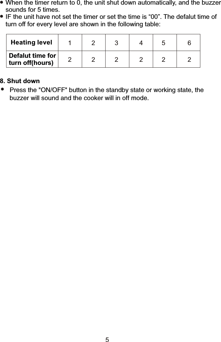 Heating levelDefalut time forturn off(hours)1 2 3 4562 2 2 2225When the timer return to 0, the unit shut down automatically, and the buzzer sounds for 5 times.IF the unit have not set the timer or set the time is “00”. The defalut time of turn off for every level are shown in the following table:8. Shut downPress the &quot;ON/OFF&quot; button in the standby state or working state, the buzzer will sound and the cooker will in off mode.