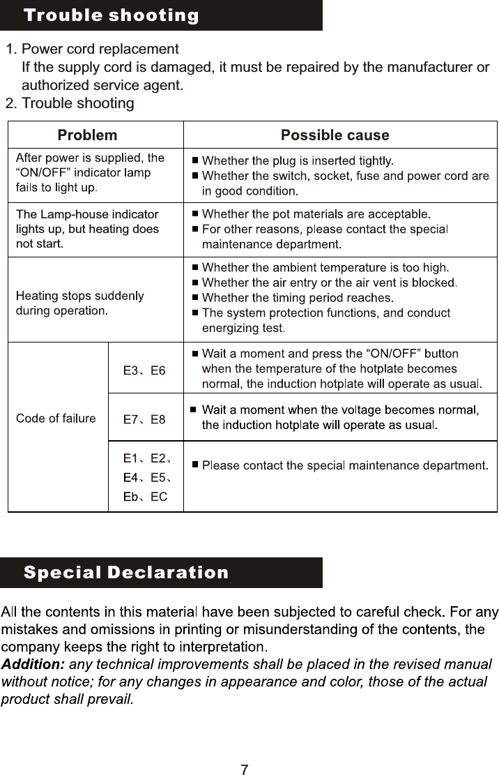 Trouble shooting Special Declaration1. Power cord replacement    If the supply cord is damaged, it must be repaired by the manufacturer or     authorized service agent.2. Trouble shooting7The Lamp-house indicatorlights up, but heating does not start. 