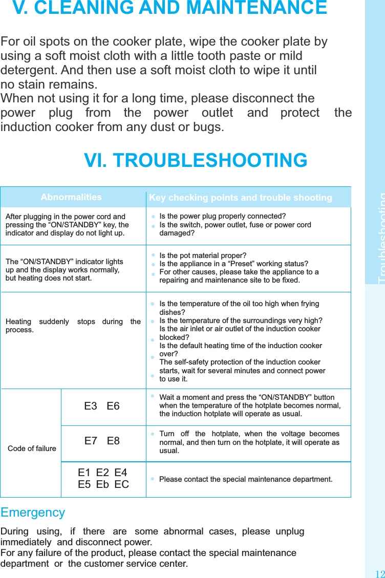 12V. CLEANING AND MAINTENANCEFor oil spots on the cooker plate, wipe the cooker plate by using a soft moist cloth with a little tooth paste or mild detergent. And then use a soft moist cloth to wipe it until no stain remains.When not using it for a long time, please disconnect the power  plug  from  the  power  outlet  and  protect  the induction cooker from any dust or bugs.VI. TROUBLESHOOTINGAbnormalities Key checking points and trouble shootingAfter plugging in the power cord and pressing the “ON/STANDBY” key, the indicator and display do not light up.The “ON/STANDBY” indicator lights up and the display works normally, but heating does not start.Heating  suddenly  stops  during  the process.Is the power plug properly connected?Is the switch, power outlet, fuse or power cord damaged?Is the pot material proper?Is the appliance in a “Preset” working status?For other causes, please take the appliance to a repairing and maintenance site to be ﬁxed.Is the temperature of the oil too high when frying dishes?Is the temperature of the surroundings very high?Is the air inlet or air outlet of the induction cooker blocked?Is the default heating time of the induction cooker over?The self-safety protection of the induction cooker starts, wait for several minutes and connect power to use it.Code of failureE3 E6Wait a moment and press the “ON/STANDBY” button when the temperature of the hotplate becomes normal, the induction hotplate will operate as usual.  E7 E8 Turn   off   the   hotplate,  when  the  voltage  becomes normal, and then turn on the hotplate, it will operate as usual. E1 E2 E4E5 Eb EC     Please contact the special maintenance department.EmergencyDuring   using,   if   there   are   some  abnormal  cases,  please  unplug  immediately  and disconnect power.For any failure of the product, please contact the special maintenance  department  or  the customer service center.  Troubleshooting