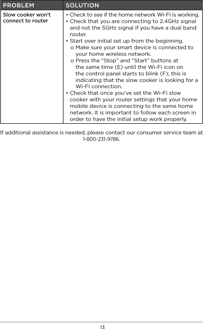 13PROBLEM SOLUTIONSlow cooker won’t connect to router•  Check to see if the home network Wi-Fi is working.•  Check that you are connecting to 2.4GHz signal and not the 5GHz signal if you have a dual band router.•  Start over initial set up from the beginning.   o  Make sure your smart device is connected to your home wireless network.   o  Press the “Stop” and “Start” buttons at the same time (E) until the Wi-Fi icon on the control panel starts to blink (F); this is indicating that the slow cooker is looking for a Wi-Fi connection.•  Check that once you’ve set the Wi-Fi slow cooker with your router settings that your home mobile device is connecting to the same home network. It is important to follow each screen in order to have the initial setup work properly.If additional assistance is needed, please contact our consumer service team at 1-800-231-9786.