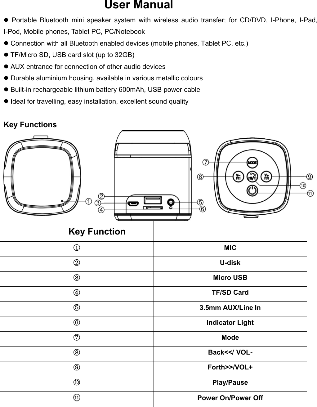  User Manual      Portable Bluetooth mini speaker system with wireless audio transfer; for CD/DVD, I-Phone, I-Pad, I-Pod, Mobile phones, Tablet PC, PC/Notebook  Connection with all Bluetooth enabled devices (mobile phones, Tablet PC, etc.)  TF/Micro SD, USB card slot (up to 32GB)  AUX entrance for connection of other audio devices  Durable aluminium housing, available in various metallic colours  Built-in rechargeable lithium battery 600mAh, USB power cable  Ideal for travelling, easy installation, excellent sound quality  Key Functions  Key Function ① MIC ② U-disk ③ Micro USB ④ TF/SD Card ⑤ 3.5mm AUX/Line In ⑥ Indicator Light ⑦ Mode ⑧ Back<</ VOL- ⑨ Forth>>/VOL+ ⑩ Play/Pause  Power On/Power Off   