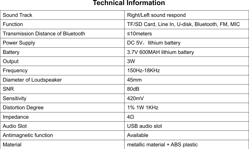 Technical Information Sound Track  Right/Left sound respond Function  TF/SD Card, Line In, U-disk, Bluetooth, FM, MIC Transmission Distance of Bluetooth  &le;10meters Power Supply  DC 5V，lithium battery Battery  3.7V 600MAH lithium battery Output 3W Frequency 150Hz-18KHz Diameter of Loudspeaker  45mm SNR 80dB Sensitivity 420mV Distortion Degree  1% 1W 1KHz Impedance 4Ω Audio Slot  USB audio slot Antimagnetic function  Available Material  metallic material + ABS plastic   