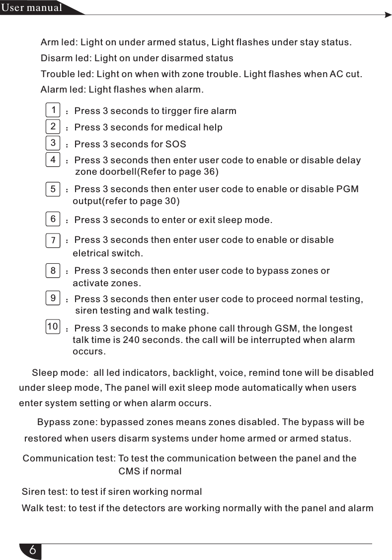 Arm led: Light on under armed status, Light flashes under stay status.Disarm led: Light on under disarmed statusTrouble led: Light on when with zone trouble. Light flashes when AC cut.Alarm led: Light flashes when alarm.1112111111134568910      ：Press 3 seconds to enter or exit sleep mode.         7      Bypass zone: bypassed zones means zones disabled. The bypass will be restored when users disarm systems under home armed or armed status.              Siren test: to test if siren working normal                           Walk test: to test if the detectors are working normally with the panel and alarm产品手册User manual   ：Press 3 seconds to tirgger fire alarm   ：Press 3 seconds for medical help   ：Press 3 seconds for SOS   ：Press 3 seconds then enter user code to enable or disable delay        zone doorbell(Refer to page 36)：Press 3 seconds then enter user code to enable or disable PGM    output(refer to page 30)：Press 3 seconds to make phone call through GSM, the longest    talk time is 240 seconds. the call will be interrupted when alarm    occurs.：Press 3 seconds then enter user code to proceed normal testing,     siren testing and walk testing.   ：Press 3 seconds then enter user code to bypass zones or    activate zones.：Press 3 seconds then enter user code to enable or disable    eletrical switch.     Sleep mode:  all led indicators, backlight, voice, remind tone will be disabled under sleep mode, The panel will exit sleep mode automatically when users enter system setting or when alarm occurs.6Communication test: To test the communication between the panel and the                                      CMS if normal