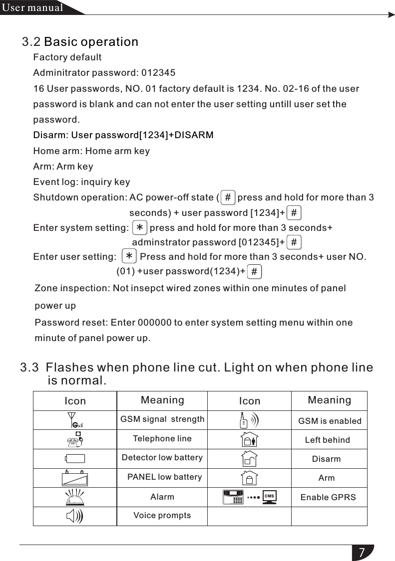 7产品手册User manual3.2 Basic operationFactory defaultAdminitrator password: 01234516 User passwords, NO. 01 factory default is 1234. No. 02-16 of the user password is blank and can not enter the user setting untill user set the password.Home arm: Home arm keyArm: Arm keyEvent log: inquiry keyShutdown operation: AC power-off state (       press and hold for more than 3                                      seconds) + user password [1234]+Disarm: User password[1234]+DISARMEnter system setting:        press and hold for more than 3 seconds+                                       adminstrator password [012345]+Enter user setting:         Press and hold for more than 3 seconds+ user NO.                                (01) +user password(1234)+Zone inspection: Not insepct wired zones within one minutes of panel power upPassword reset: Enter 000000 to enter system setting menu within one  minute of panel power up.3.3  Flashes when phone line cut. Light on when phone line          is normal.Icon Meaning  Detector   low battery AlarmGSM is enabled   Left behind      Disarm         Arm Enable GPRS  +_G  Voice   promptsGSM signal  strengthTelephone         linePANEL  battery        low Icon Meaning##*#*#