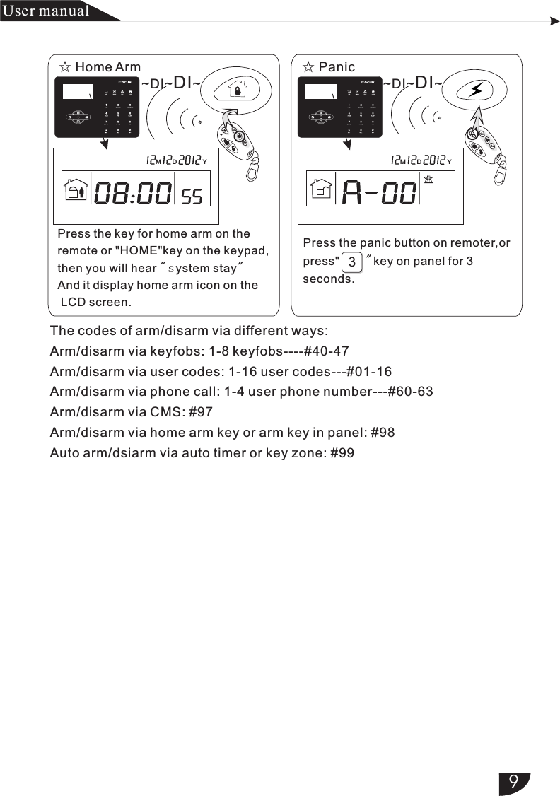 ☆ Panic☆ Home ArmYDM YDM产品 手册User manualPress the key for home arm on the remote or &quot;HOME&quot;key on the keypad,then you will hear &quot;system stay&quot;And it display home arm icon on the LCD screen.Press the panic button on remoter,or press&quot;        &quot;key on panel for 3seconds. ~DI~DI~ ~DI~DI~9The codes of arm/disarm via different ways:Arm/disarm via keyfobs: 1-8 keyfobs----#40-47Arm/disarm via user codes: 1-16 user codes---#01-16Arm/disarm via phone call: 1-4 user phone number---#60-63Arm/disarm via CMS: #97Arm/disarm via home arm key or arm key in panel: #98Auto arm/dsiarm via auto timer or key zone: #993