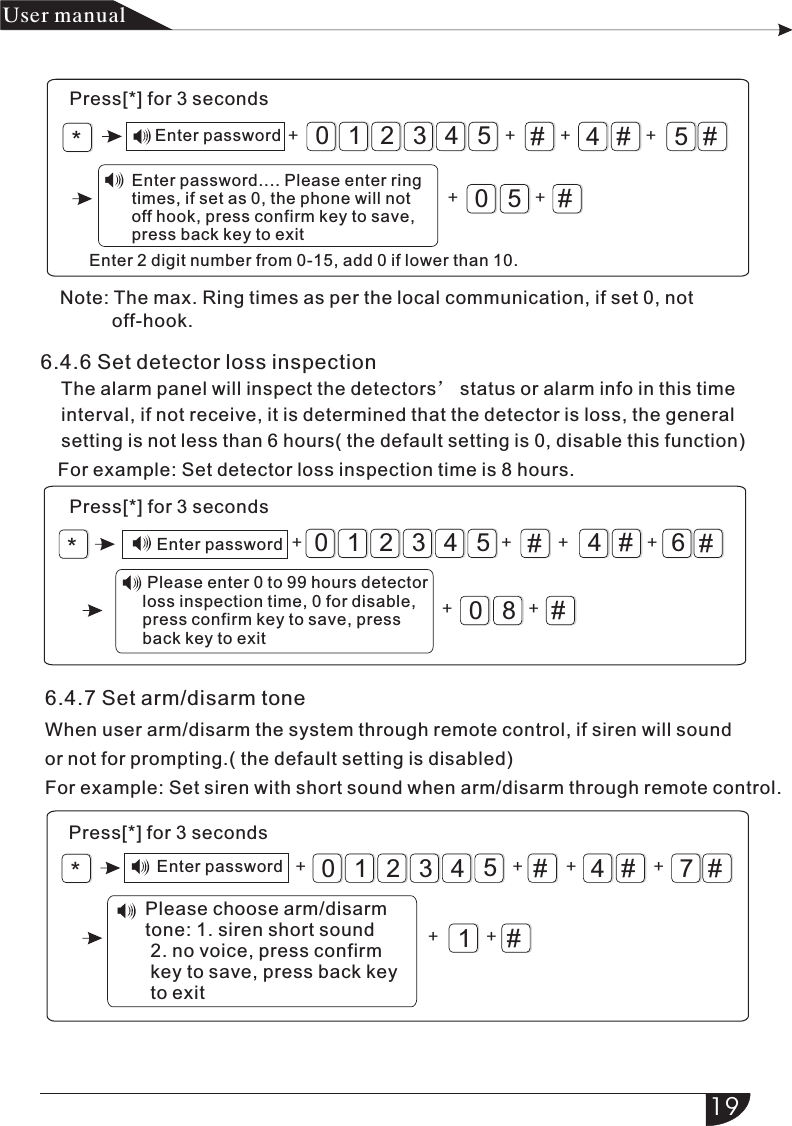 #4#5#32105405+#+ ++++*Note: The max. Ring times as per the local communication, if set 0, not           off-hook.#4#6#32105408+#*++ + + +#4#7#3210541+#*++ + ++产品 手册User manualEnter password.... Please enter ring times, if set as 0, the phone will not off hook, press confirm key to save,press back key to exitPress[*] for 3 secondsEnter passwordEnter 2 digit number from 0-15, add 0 if lower than 10.6.4.6 Set detector loss inspection    The alarm panel will inspect the detectors’ status or alarm info in this time     interval, if not receive, it is determined that the detector is loss, the general     setting is not less than 6 hours( the default setting is 0, disable this function)For example: Set detector loss inspection time is 8 hours. Please enter 0 to 99 hours detector loss inspection time, 0 for disable, press confirm key to save, press back key to exitPress[*] for 3 secondsEnter password6.4.7 Set arm/disarm toneWhen user arm/disarm the system through remote control, if siren will sound or not for prompting.( the default setting is disabled)For example: Set siren with short sound when arm/disarm through remote control.Please choose arm/tone: 1. siren short sound 2. no voice, press confirm key to save, press back key to exit disarm Press[*] for 3 secondsEnter password19