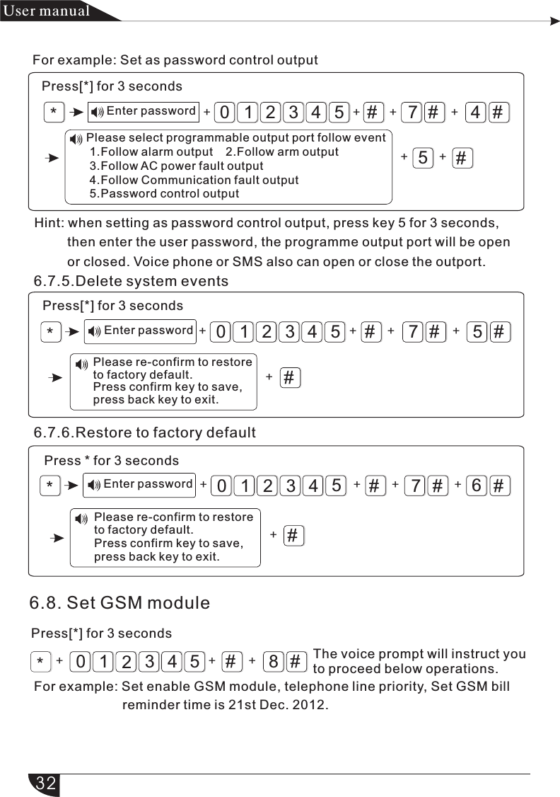 #7#4#321054#5*#7#5#321054#*#7#6#321054#*+ + ++ +++++ +++++ + +产品 手册User manualFor example: Set as password control outputPress[*] for 3 secondsEnter passwordPlease select programmable output port follow event 1.Follow alarm output    2.Follow arm output 3.Follow AC power fault output 4.Follow Communication fault output 5.Password control outputHint: when setting as password control output, press key 5 for 3 seconds,          then enter the user password, the programme output port will be open         or closed. Voice phone or SMS also can open or close the outport.Press[*] for 3 secondsEnter password6.7.6.Restore to factory defaultPress * for 3 secondsEnter passwordPlease re-confirm to restoreto factory default.Press confirm key to save, press back key to exit.Please re-confirm to restore to factory default.Press confirm key to save, press back key to exit.*#8#321054+ ++6.8. Set GSM modulePress[*] for 3 secondsFor example: Set enable GSM module, telephone line priority, Set GSM bill                         reminder time is 21st Dec. 2012.The voice prompt will instruct you to proceed below operations.326.7.5.Delete system events