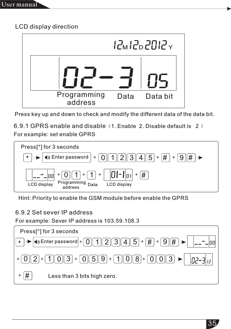 LCD display directionYDM*#9#0321054#+1+1++ +++*#9#321054#++20+01035+ +19800 0 3+ + ++产品 手册User manualProgramming      address                            Press key up and down to check and modify the different data of the data bit.Data Data bit6.9.1 GPRS enable and disable（1. Enable  2. Disable default is   2 ）For example: set enable GPRSPress[*] for 3 secondsEnter passwordLCD display Programming     address Data LCD displayHint: Priority to enable the GSM module before enable the GPRS6.9.2 Set sever IP address For example: Sever IP address is 103.59.108.3Press[*] for 3 secondsEnter passwordLess than 3 bits high zero.35