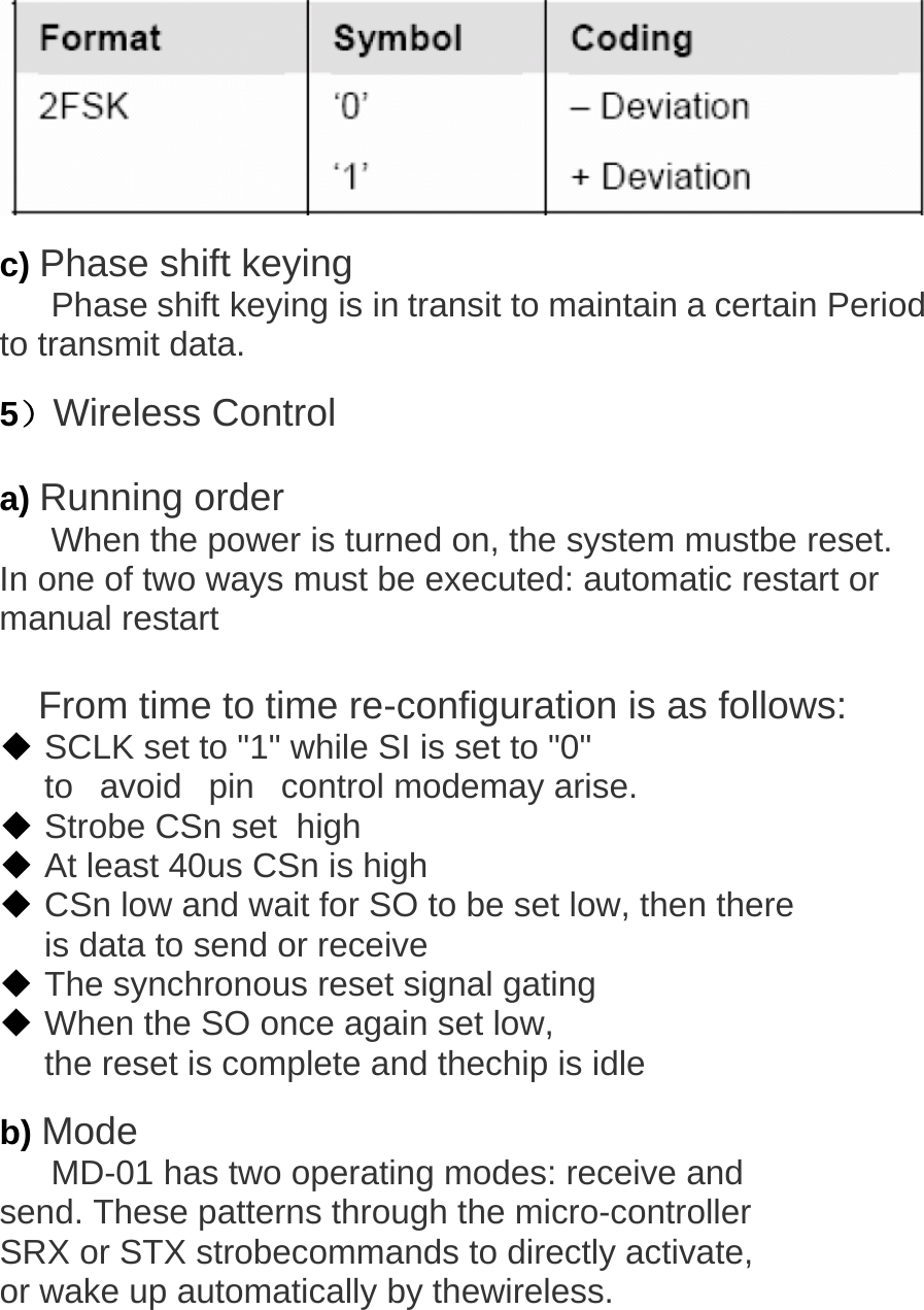     c) Phase shift keying Phase shift keying is in transit to maintain a certain Period to transmit data.   5）Wireless Control  a) Running order When the power is turned on, the system mustbe reset.  In one of two ways must be executed: automatic restart or manual restart  From time to time re-configuration is as follows:   SCLK set to "1" while SI is set to "0" to   avoid   pin   control modemay arise.   Strobe CSn set  high   At least 40us CSn is high  CSn low and wait for SO to be set low, then there is data to send or receive  The synchronous reset signal gating  When the SO once again set low, the reset is complete and thechip is idle   b) Mode MD-01 has two operating modes: receive and send. These patterns through the micro-controller  SRX or STX strobecommands to directly activate,  or wake up automatically by thewireless.   