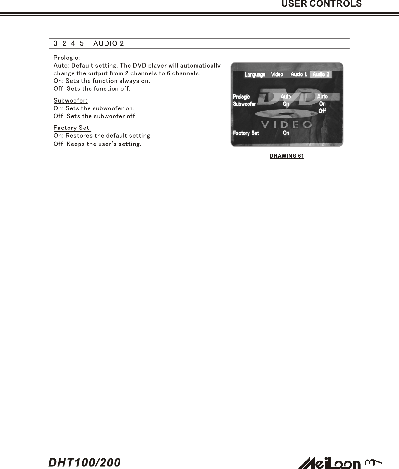 373-2-4-5    AUDIO 2USER CONTROLSPrologic:Auto: Default setting. The DVD player will automaticallychange the output from 2 channels to 6 channels.On: Sets the function always on.Off: Sets the function off.Subwoofer:On: Sets the subwoofer on.Off: Sets the subwoofer off.Factory Set:On: Restores the default setting.Off: Keeps the user&apos;s setting.DRAWING 61DHT100/200DHT100/200