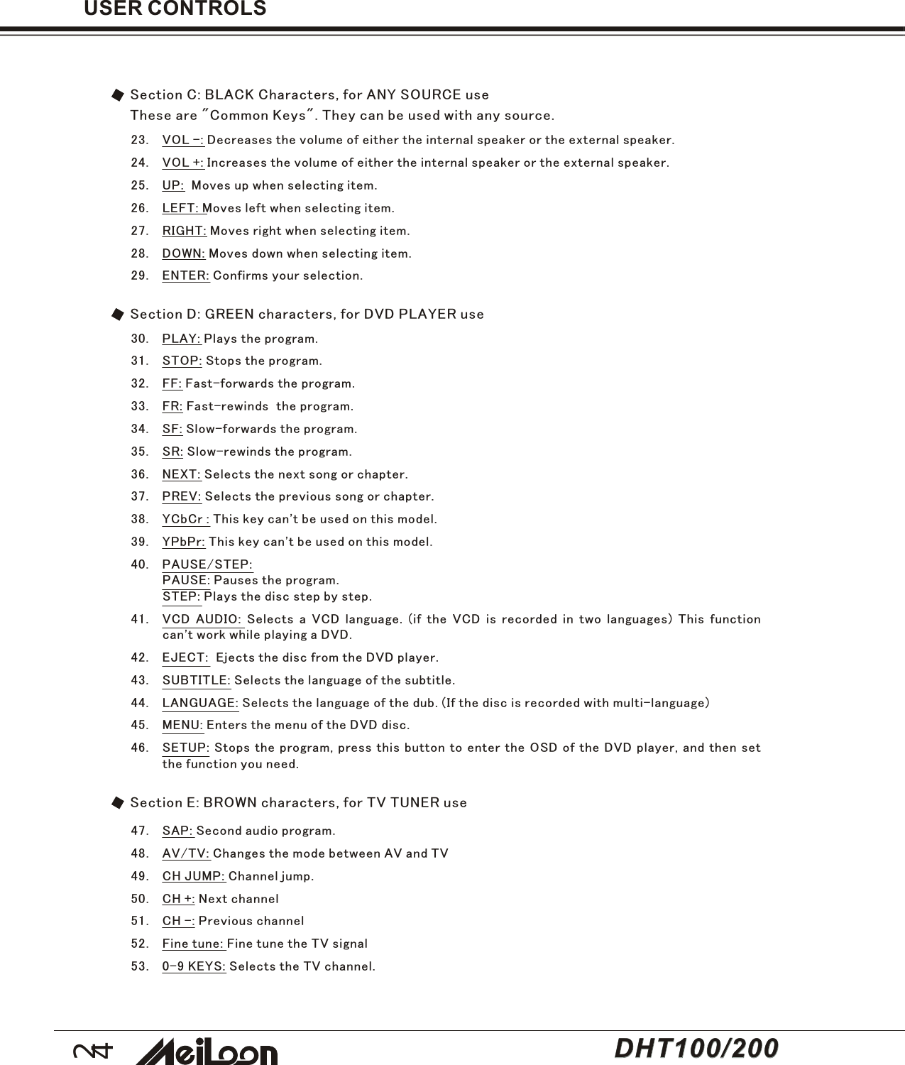 24DHT100/200DHT100/200Section C: BLACK Characters, for ANY SOURCE useThese are &quot;Common Keys&quot;. They can be used with any source.23. VOL -: Decreases the volume of either the internal speaker or the external speaker.24. VOL +: Increases the volume of either the internal speaker or the external speaker.25. UP:  Moves up when selecting item.26. LEFT: Moves left when selecting item.27. RIGHT: Moves right when selecting item.28. DOWN: Moves down when selecting item.29. ENTER: Confirms your selection.30. PLAY: Plays the program.31. STOP: Stops the program.32. FF: Fast-forwards the program.33. FR: Fast-rewinds  the program.34. SF: Slow-forwards the program.35. SR: Slow-rewinds the program.36. NEXT: Selects the next song or chapter.37. PREV: Selects the previous song or chapter.38. YCbCr : This key can&apos;t be used on this model.39. YPbPr: This key can&apos;t be used on this model.40. PAUSE/STEP:PAUSE: Pauses the program.STEP: Plays the disc step by step.41. VCD AUDIO: Selects a VCD language. (if the VCD is recorded in two languages) This functioncan&apos;t work while playing a DVD.42. EJECT:  Ejects the disc from the DVD player.43. SUBTITLE: Selects the language of the subtitle.44. LANGUAGE: Selects the language of the dub. (If the disc is recorded with multi-language)45. MENU: Enters the menu of the DVD disc.46. SETUP: Stops the program, press this button to enter the OSD of the DVD player, and then setthe function you need.47. SAP: Second audio program.48. AV/TV: Changes the mode between AV and TV49. CH JUMP: Channel jump.50. CH +: Next channel51. CH -: Previous channel52. Fine tune: Fine tune the TV signal53. 0-9 KEYS: Selects the TV channel.Section D: GREEN characters, for DVD PLAYER useSection E: BROWN characters, for TV TUNER useUSER CONTROLS