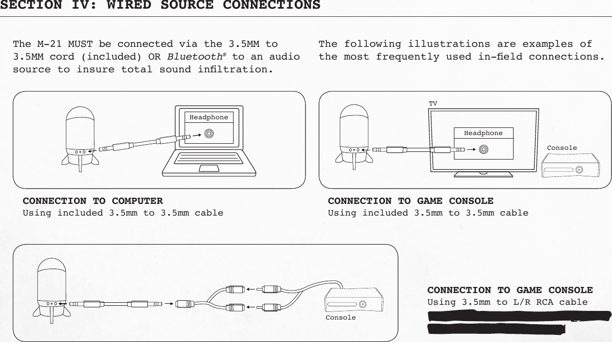 SECTION IV: WIRED SOURCE CONNECTIONSThe M-21 MUST be connected via the 3.5MM to 3.5MM cord (included) OR Bluetooth® to an audio source to insure total sound inltration. The following illustrations are examples of the most frequently used in-eld connections.CONNECTION TO COMPUTERUsing included 3.5mm to 3.5mm cableCONNECTION TO GAME CONSOLEUsing 3.5mm to L/R RCA cableCONNECTION TO GAME CONSOLEUsing included 3.5mm to 3.5mm cableHeadphoneHeadphoneAudio OutTVConsoleTVConsoleHeadphoneHeadphoneAudio OutTVConsoleTVConsoleHeadphoneHeadphoneTVConsoleConsole