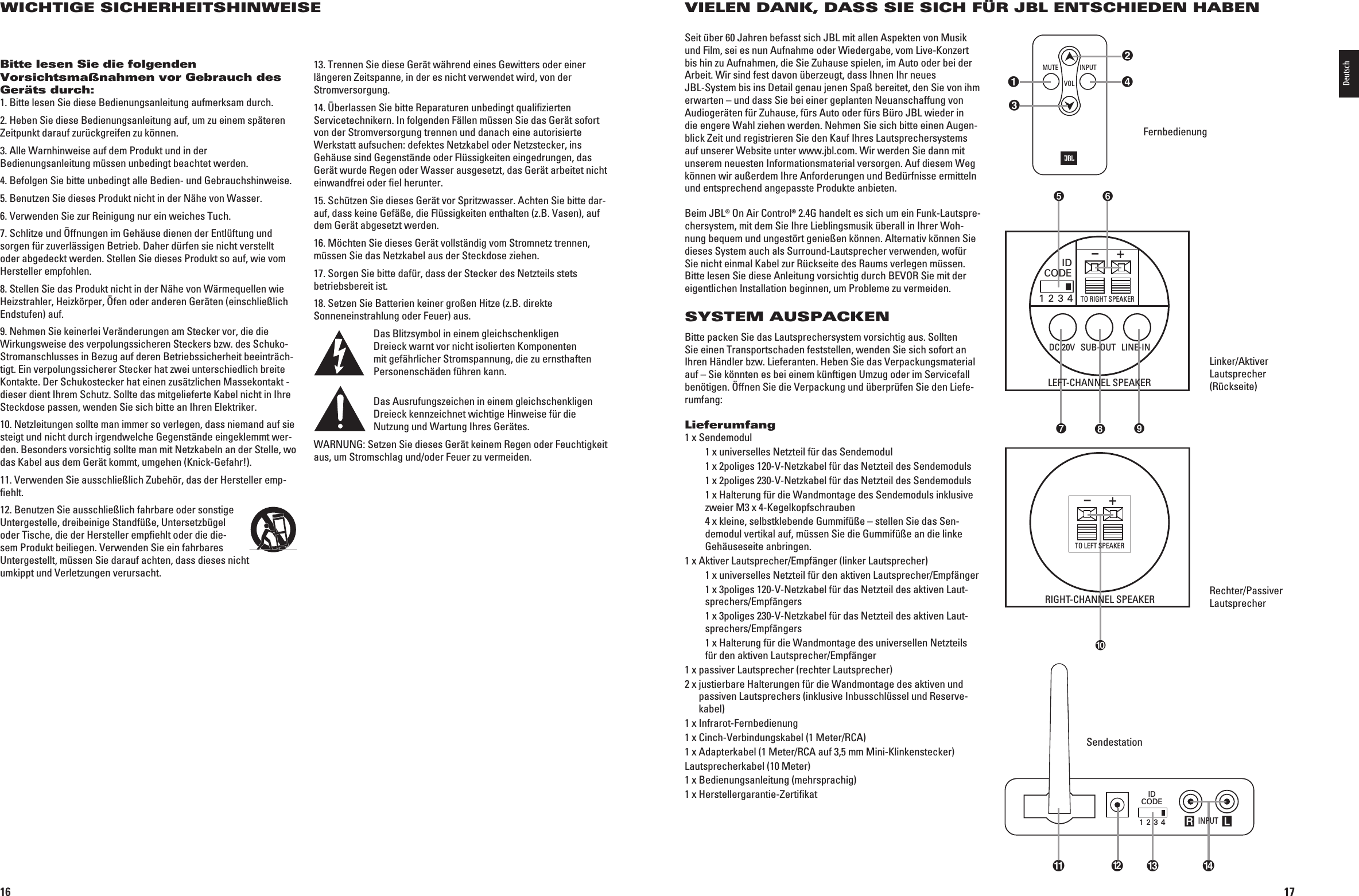 16WICHTIGE SICHERHEITSHINWEISEBitte lesen Sie die folgenden Vorsichtsmaßnahmen vor Gebrauch des Geräts durch:1. Bitte lesen Sie diese Bedienungsanleitung aufmerksam durch.2. Heben Sie diese Bedienungsanleitung auf, um zu einem späteren Zeitpunkt darauf zurückgreifen zu können.3. Alle Warnhinweise auf dem Produkt und in der Bedienungsanleitung müssen unbedingt beachtet werden.4. Befolgen Sie bitte unbedingt alle Bedien- und Gebrauchshinweise.5. Benutzen Sie dieses Produkt nicht in der Nähe von Wasser.6ERWENDEN3IEZUR2EINIGUNGNUREINWEICHES4UCH7. Schlitze und Öffnungen im Gehäuse dienen der Entlüftung und sorgen für zuverlässigen Betrieb. Daher dürfen sie nicht verstellt oder abgedeckt werden. Stellen Sie dieses Produkt so auf, wie vom Hersteller empfohlen.8. Stellen Sie das Produkt nicht in der Nähe von Wärmequellen wie Heizstrahler, Heizkörper, Öfen oder anderen Geräten (einschließlich Endstufen) auf..EHMEN3IEKEINERLEI6ERÛNDERUNGENAM3TECKERVORDIEDIEWirkungsweise des verpolungssicheren Steckers bzw. des Schuko-Stromanschlusses in Bezug auf deren Betriebssicherheit beeinträch-tigt. Ein verpolungssicherer Stecker hat zwei unterschiedlich breite Kontakte. Der Schukostecker hat einen zusätzlichen Massekontakt - dieser dient Ihrem Schutz. Sollte das mitgelieferte Kabel nicht in Ihre Steckdose passen, wenden Sie sich bitte an Ihren Elektriker.10. Netzleitungen sollte man immer so verlegen, dass niemand auf sie steigt und nicht durch irgendwelche Gegenstände eingeklemmt wer-den. Besonders vorsichtig sollte man mit Netzkabeln an der Stelle, wo das Kabel aus dem Gerät kommt, umgehen (Knick-Gefahr!).6ERWENDEN3IEAUSSCHLIELICH:UBEHRDASDER(ERSTELLEREMP-ﬁehlt.12. Benutzen Sie ausschließlich fahrbare oder sonstige Untergestelle, dreibeinige Standfüße, Untersetzbügel oder Tische, die der Hersteller empﬁehlt oder die die-SEM0RODUKTBEILIEGEN6ERWENDEN3IEEINFAHRBARESUntergestellt, müssen Sie darauf achten, dass dieses nicht UMKIPPTUND6ERLETZUNGENVERURSACHT13. Trennen Sie diese Gerät während eines Gewitters oder einer längeren Zeitspanne, in der es nicht verwendet wird, von der Stromversorgung.14. Überlassen Sie bitte Reparaturen unbedingt qualiﬁzierten Servicetechnikern. In folgenden Fällen müssen Sie das Gerät sofort von der Stromversorgung trennen und danach eine autorisierte Werkstatt aufsuchen: defektes Netzkabel oder Netzstecker, ins Gehäuse sind Gegenstände oder Flüssigkeiten eingedrungen, das Gerät wurde Regen oder Wasser ausgesetzt, das Gerät arbeitet nicht einwandfrei oder ﬁel herunter.15. Schützen Sie dieses Gerät vor Spritzwasser. Achten Sie bitte dar-AUFDASSKEINE&apos;EFÛEDIE&amp;LÓSSIGKEITENENTHALTENZ&quot;6ASENAUFdem Gerät abgesetzt werden.16. Möchten Sie dieses Gerät vollständig vom Stromnetz trennen, müssen Sie das Netzkabel aus der Steckdose ziehen.17. Sorgen Sie bitte dafür, dass der Stecker des Netzteils stets betriebsbereit ist.18. Setzen Sie Batterien keiner großen Hitze (z.B. direkte Sonneneinstrahlung oder Feuer) aus.Das Blitzsymbol in einem gleichschenkligen Dreieck warnt vor nicht isolierten Komponenten mit gefährlicher Stromspannung, die zu ernsthaften Personenschäden führen kann. Das Ausrufungszeichen in einem gleichschenkligen Dreieck kennzeichnet wichtige Hinweise für die Nutzung und Wartung Ihres Gerätes.WARNUNG: Setzen Sie dieses Gerät keinem Regen oder Feuchtigkeit aus, um Stromschlag und/oder Feuer zu vermeiden.0198CSK - JBL On Air Control 2.4G  Inlay.indb   16 12/02/10   10:51:1217VIELEN DANK, DASS SIE SICH FÜR JBL ENTSCHIEDEN HABENSeit über 60 Jahren befasst sich JBL mit allen Aspekten von Musik und Film, sei es nun Auf nahme oder Wiedergabe, vom Live-Konzert bis hin zu Auf nahmen, die Sie Zuhause spielen, im Auto oder bei der Arbeit. Wir sind fest davon über zeugt, dass Ihnen Ihr neues  JBL-System bis ins Detail genau jenen Spaß bereitet, den Sie von ihm er warten – und dass Sie bei einer ge planten Neu  an schaf fung von Audiogeräten für Zu hause, fürs Auto oder fürs Büro JBL wieder in die engere Wahl ziehen werden. Nehmen Sie sich bitte einen Augen-blick Zeit und registrieren Sie den Kauf Ihres Laut sprecher systems auf unserer Website unter www.jbl.com. Wir we rden Sie dann mit unserem neue sten Informations material ver sor gen. Auf diesem Weg können wir außerdem Ihre Anforde  rungen und Bedürfnisse er mitteln und entsprechend angepasste  Produkte anbieten.Beim JBL® On Air Control® 2.4G handelt es sich um ein Funk-Lautspre-chersystem, mit dem Sie Ihre Lieblingsmusik überall in Ihrer Woh-nung bequem und ungestört genießen können. Alternativ können Sie dieses System auch als Surround-Lautsprecher verwenden, wofür Sie nicht einmal Kabel zur Rückseite des Raums verlegen müssen. &quot;ITTELESEN3IEDIESE!NLEITUNGVORSICHTIGDURCH&quot;%6/23IEMITDEReigentlichen Installation beginnen, um Probleme zu vermeiden.SYSTEM AUSPACKENBitte packen Sie das Lautsprechersystem vorsichtig aus. Sollten Sie einen Transportschaden feststellen, wenden Sie sich sofort an )HREN(ÛNDLERBZW,IEFERANTEN(EBEN3IEDAS6ERPACKUNGSMATERIALauf – Sie könnten es bei einem künftigen Umzug oder im Servicefall BENTIGENFFNEN3IEDIE6ERPACKUNGUNDÓBERPRÓFEN3IEDEN,IEFE-rumfang:Lieferumfang1 x Sendemodul   1 x universelles Netzteil für das Sendemodul XPOLIGES6.ETZKABELFÓRDAS.ETZTEILDES3ENDEMODULS XPOLIGES6.ETZKABELFÓRDAS.ETZTEILDES3ENDEMODULS   1 x Halterung für die Wandmontage des Sendemoduls inklusive zweier M3 x 4-Kegelkopfschrauben   4 x kleine, selbstklebende Gummifüße – stellen Sie das Sen-demodul vertikal auf, müssen Sie die Gummifüße an die linke Gehäuseseite anbringen.1 x Aktiver Lautsprecher/Empfänger (linker Lautsprecher)   1 x universelles Netzteil für den aktiven Lautsprecher/Empfänger XPOLIGES6.ETZKABELFÓRDAS.ETZTEILDESAKTIVEN,AUT-sprechers/Empfängers XPOLIGES6.ETZKABELFÓRDAS.ETZTEILDESAKTIVEN,AUT-sprechers/Empfängers   1 x Halterung für die Wandmontage des universellen Netzteils für den aktiven Lautsprecher/Empfänger1 x passiver Lautsprecher (rechter Lautsprecher)2 x  justierbare Halterungen für die Wandmontage des aktiven und passiven Lautsprechers (inklusive Inbusschlüssel und Reserve-kabel)1 x Infrarot-FernbedienungX#INCH6ERBINDUNGSKABEL-ETER2#!1 x Adapterkabel (1 Meter/RCA auf 3,5 mm Mini-Klinkenstecker)Lautsprecherkabel (10 Meter)1 x Bedienungsanleitung (mehrsprachig)1 x Herstellergarantie-ZertifikatFernbedienungLinker/Aktiver  Lautsprecher (Rückseite)Rechter/Passiver LautsprecherR LIDCODE1 2 3 4  INPUT INPUTMUTEVOLIDCODE1 2 3 4TO RIGHT SPEAKER+–+– LEFT-CHANNEL SPEAKERRIGHT-CHANNEL SPEAKERTO LEFT SPEAKERSUB-OUT LINE-INDC 20VIDCODE1 2 3 4TO RIGHT SPEAKER+–+– LEFT-CHANNEL SPEAKERRIGHT-CHANNEL SPEAKERTO LEFT SPEAKERSUB-OUT LINE-INDC 20VR LIDCODE1 2 3 4  INPUT INPUTMUTEVOLSendestationDeutsch0198CSK - JBL On Air Control 2.4G  Inlay.indb   17 12/02/10   10:51:13
