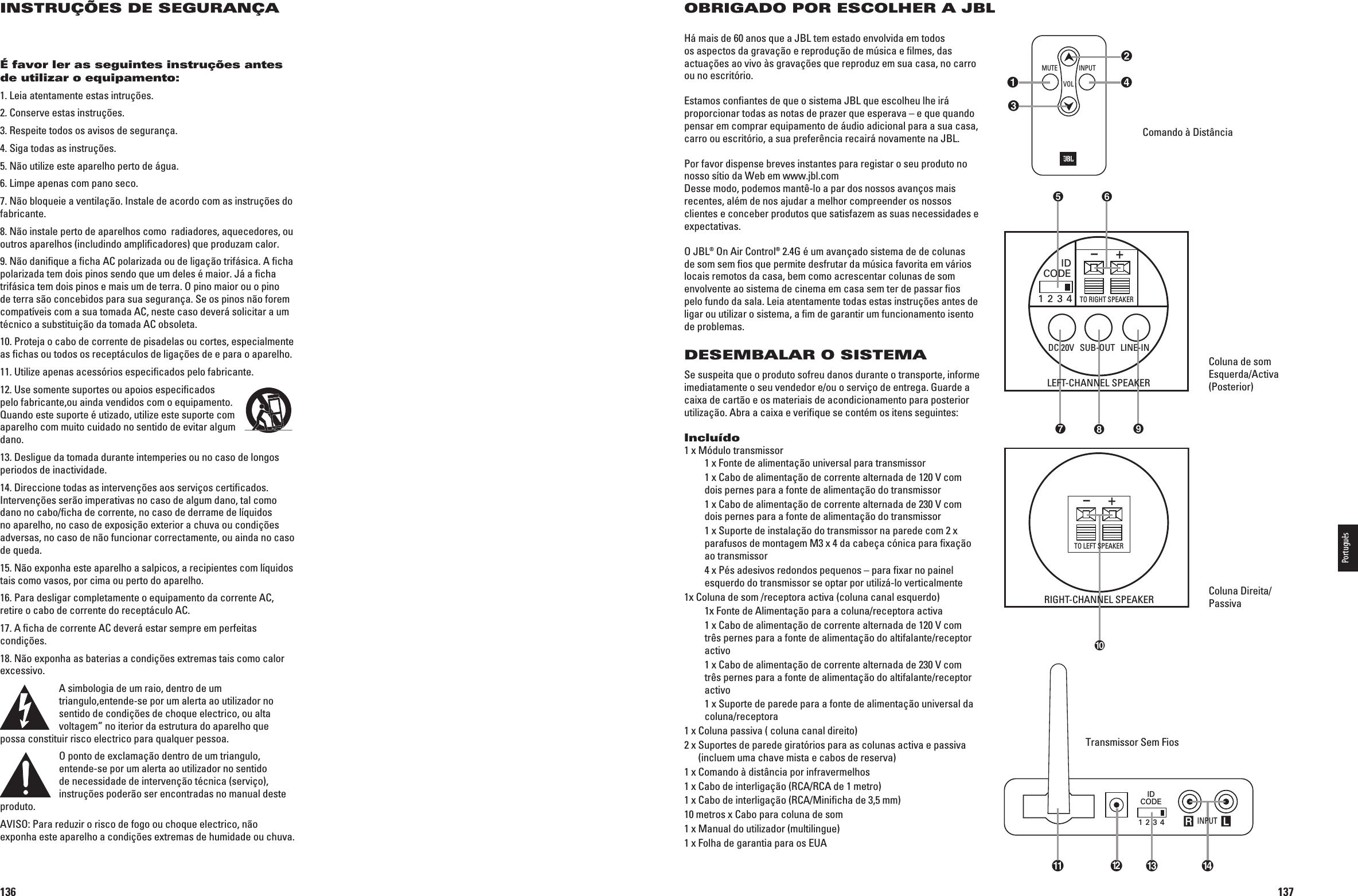 136INSTRUÇÕES DE SEGURANÇAÉ favor ler as seguintes instruções antes de utilizar o equipamento:1. Leia atentamente estas intruções.2. Conserve estas instruções.3. Respeite todos os avisos de segurança.4. Siga todas as instruções.5. Não utilize este aparelho perto de água.6. Limpe apenas com pano seco.7. Não bloqueie a ventilação. Instale de acordo com as instruções do fabricante.8. Não instale perto de aparelhos como  radiadores, aquecedores, ou outros aparelhos (includindo ampliﬁcadores) que produzam calor.9. Não daniﬁque a ﬁcha AC polarizada ou de ligação trifásica. A ﬁcha polarizada tem dois pinos sendo que um deles é maior. Já a ﬁcha trifásica tem dois pinos e mais um de terra. O pino maior ou o pino de terra são concebidos para sua segurança. Se os pinos não forem compatíveis com a sua tomada AC, neste caso deverá solicitar a um técnico a substituição da tomada AC obsoleta.10. Proteja o cabo de corrente de pisadelas ou cortes, especialmente as ﬁchas ou todos os receptáculos de ligações de e para o aparelho.11. Utilize apenas acessórios especiﬁcados pelo fabricante.12. Use somente suportes ou apoios especiﬁcados pelo fabricante,ou ainda vendidos com o equipamento. Quando este suporte é utizado, utilize este suporte com aparelho com muito cuidado no sentido de evitar algum dano. 13. Desligue da tomada durante intemperies ou no caso de longos periodos de inactividade.14. Direccione todas as intervenções aos serviços certiﬁcados. Intervenções serão imperativas no caso de algum dano, tal como dano no cabo/ﬁcha de corrente, no caso de derrame de líquidos no aparelho, no caso de exposição exterior a chuva ou condições adversas, no caso de não funcionar correctamente, ou ainda no caso de queda.15. Não exponha este aparelho a salpicos, a recipientes com líquidos tais como vasos, por cima ou perto do aparelho.16. Para desligar completamente o equipamento da corrente AC, retire o cabo de corrente do receptáculo AC.17. A ﬁcha de corrente AC deverá estar sempre em perfeitas condições.18. Não exponha as baterias a condições extremas tais como calor excessivo.A simbologia de um raio, dentro de um triangulo,entende-se por um alerta ao utilizador no sentido de condições de choque electrico, ou alta voltagem” no iterior da estrutura do aparelho que possa constituir risco electrico para qualquer pessoa.O ponto de exclamação dentro de um triangulo, entende-se por um alerta ao utilizador no sentido de necessidade de intervenção técnica (serviço), instruções poderão ser encontradas no manual deste produto.!6)3/0ARAREDUZIRORISCODEFOGOOUCHOQUEELECTRICONâOexponha este aparelho a condições extremas de humidade ou chuva.0198CSK - JBL On Air Control 2.4G  Inlay.indb   136 12/02/10   10:52:27137OBRIGADO POR ESCOLHER A JBLHá mais de 60 anos que a JBL tem estado envolvida em todos os aspectos da grava ção e reprodução de música e ﬁlmes, das actuações ao vivo às gravações que reproduz em sua casa, no carro ou no escritório.Estamos conﬁantes de que o sistema JBL que escolheu lhe irá proporcionar todas as notas de prazer que esperava – e que quando pensar em comprar equipamento de áudio adicional para a sua casa, carro ou escritório, a sua preferência recairá novamente na JBL.Por favor dispense breves instantes para registar o seu produto no nosso sítio da Web em www.jbl.comDesse modo, podemos mantê-lo a par dos nossos avanços mais recentes, além de nos ajudar a melhor compreender os nossos clientes e conceber produtos que satisfazem as suas necessidades e expectativas.O JBL® On Air Control® 2.4G é um avançado sistema de de colunas de som sem ﬁos que permite desfrutar da música favorita em vários locais remotos da casa, bem como acrescentar colunas de som envolvente ao sistema de cinema em casa sem ter de passar ﬁos pelo fundo da sala. Leia atentamente todas estas instruções antes de ligar ou utilizar o sistema, a ﬁm de garantir um funcionamento isento de problemas.DESEMBALAR O SISTEMASe suspeita que o produto sofreu danos durante o transporte, informe imediatamente o seu vendedor e/ou o serviço de entrega. Guarde a caixa de cartão e os materiais de acondicionamento para posterior utilização. Abra a caixa e veriﬁque se contém os itens seguintes:Incluído1 x Módulo transmissor  1 x Fonte de alimentação universal para transmissor X#ABODEALIMENTAÀâODECORRENTEALTERNADADE6COMdois pernes para a fonte de alimentação do transmissor X#ABODEALIMENTAÀâODECORRENTEALTERNADADE6COMdois pernes para a fonte de alimentação do transmissor   1 x Suporte de instalação do transmissor na parede com 2 x parafusos de montagem M3 x 4 da cabeça cónica para ﬁxação ao transmissor   4 x Pés adesivos redondos pequenos – para ﬁxar no painel esquerdo do transmissor se optar por utilizá-lo verticalmente1x Coluna de som /receptora activa (coluna canal esquerdo)  1x Fonte de Alimentação para a coluna/receptora activa X#ABODEALIMENTAÀâODECORRENTEALTERNADADE6COMtrês pernes para a fonte de alimentação do altifalante/receptor activo X#ABODEALIMENTAÀâODECORRENTEALTERNADADE6COMtrês pernes para a fonte de alimentação do altifalante/receptor activo   1 x Suporte de parede para a fonte de alimentação universal da coluna/receptora 1 x Coluna passiva ( coluna canal direito)2 x  Suportes de parede giratórios para as colunas activa e passiva  (incluem uma chave mista e cabos de reserva)1 x Comando à distância por infravermelhos1 x Cabo de interligação (RCA/RCA de 1 metro)1 x Cabo de interligação (RCA/Miniﬁcha de 3,5 mm)10 metros x Cabo para coluna de som1 x Manual do utilizador (multilingue)1 x Folha de garantia para os EUAComando à DistânciaColuna de som Esquerda/Activa (Posterior)Coluna Direita/PassivaR LIDCODE1 2 3 4  INPUT INPUTMUTEVOLIDCODE1 2 3 4TO RIGHT SPEAKER+–+– LEFT-CHANNEL SPEAKERRIGHT-CHANNEL SPEAKERTO LEFT SPEAKERSUB-OUT LINE-INDC 20VIDCODE1 2 3 4TO RIGHT SPEAKER+–+– LEFT-CHANNEL SPEAKERRIGHT-CHANNEL SPEAKERTO LEFT SPEAKERSUB-OUT LINE-INDC 20VR LIDCODE1 2 3 4  INPUT INPUTMUTEVOLTransmissor Sem FiosPortuguês0198CSK - JBL On Air Control 2.4G  Inlay.indb   137 12/02/10   10:52:28