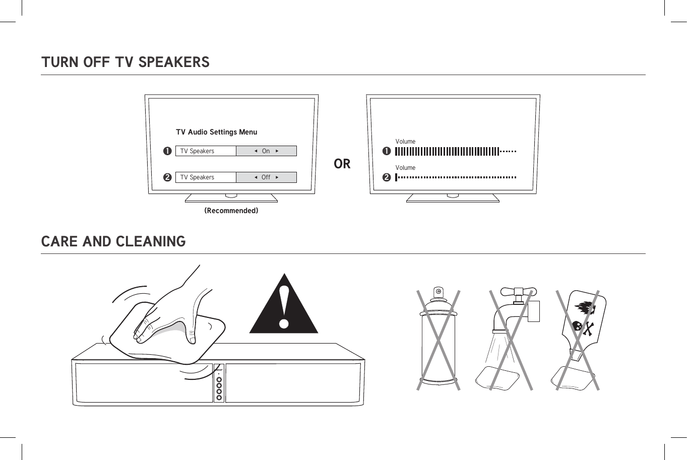 TURN OFF TV SPEAKERSCARE AND CLEANINGTV SpeakersTV Audio Settings Menu(Recommended)ORVolumeVolumeOnTV Speakers Off1212  