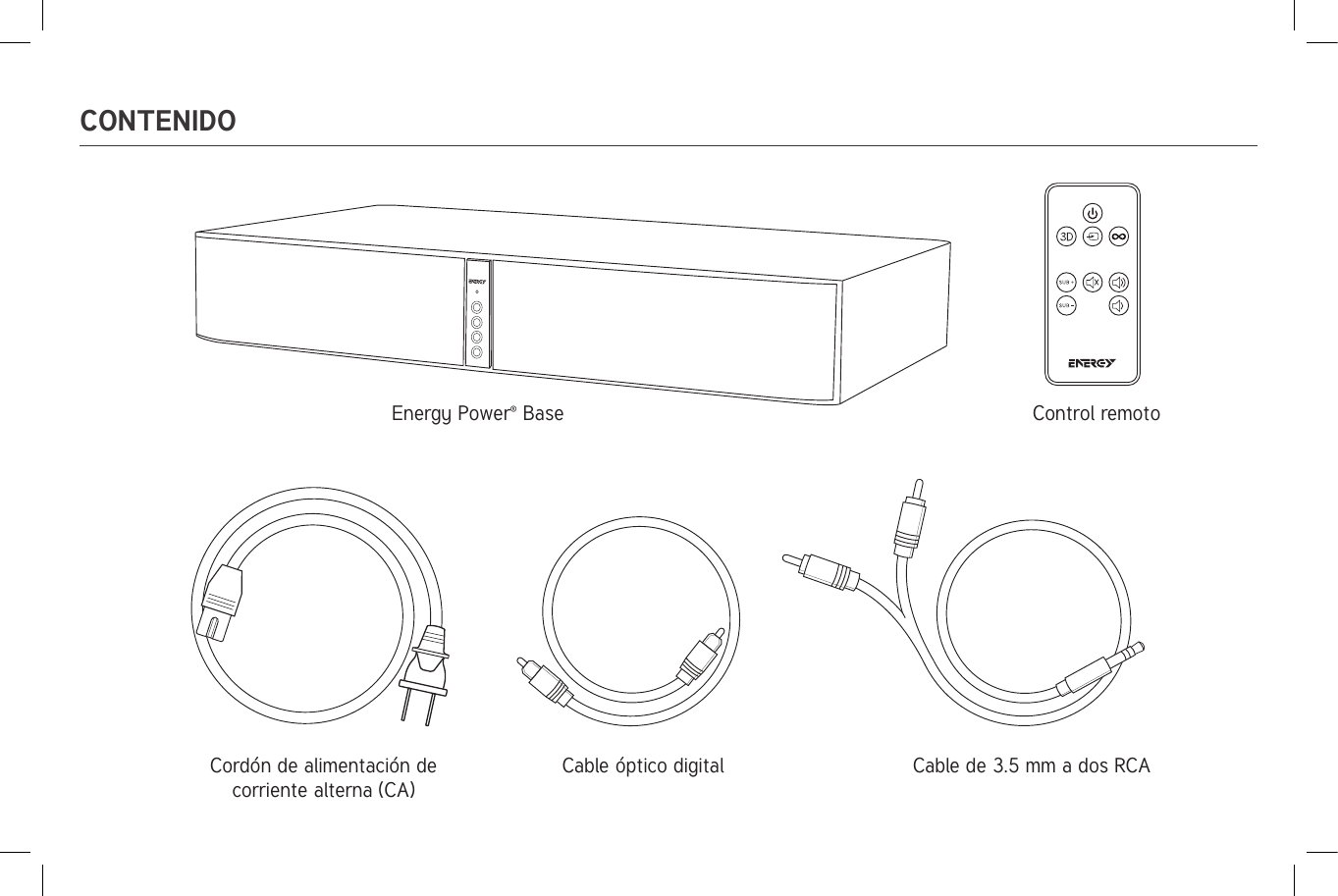 CONTENIDOEnergy Power® Base Control remoto Cordón de alimentación de corriente alterna (CA)Cable óptico digital  Cable de 3.5 mm a dos RCA