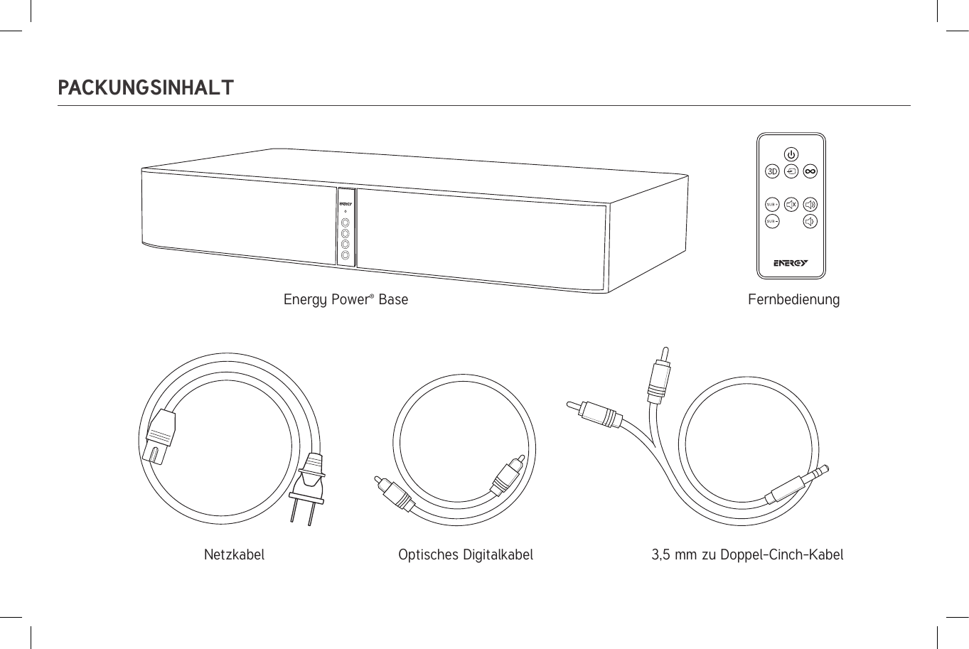 PACKUNGSINHALTEnergy Power® Base FernbedienungNetzkabel Optisches Digitalkabel   3,5 mm zu Doppel-Cinch-Kabel