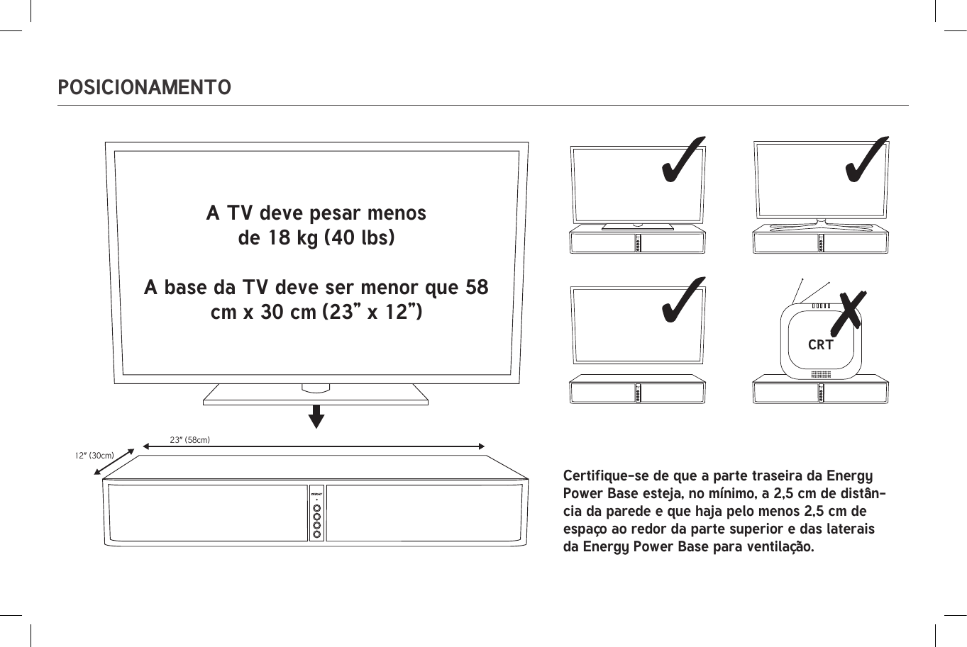 23” (58cm)12” (30cm)CRT23” (58cm)12” (30cm)CRTPOSICIONAMENTOA TV deve pesar menos de 18 kg (40 lbs)A base da TV deve ser menor que 58 cm x 30 cm (23” x 12”)Certifique-se de que a parte traseira da Energy Power Base esteja, no mínimo, a 2,5 cm de distân-cia da parede e que haja pelo menos 2,5 cm de espaço ao redor da parte superior e das laterais da Energy Power Base para ventilação.