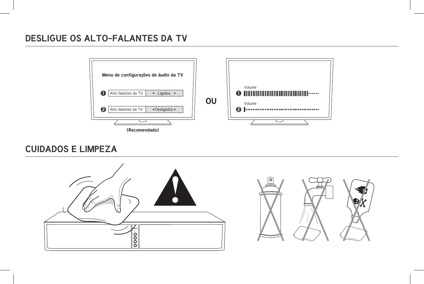 DESLIGUE OS ALTO-FALANTES DA TVCUIDADOS E LIMPEZAAlto-falantes da TVMenu de configurações de áudio da TV(Recomendado)OUVolumeVolumeLigadosAlto-falantes da TV Desligados1212  