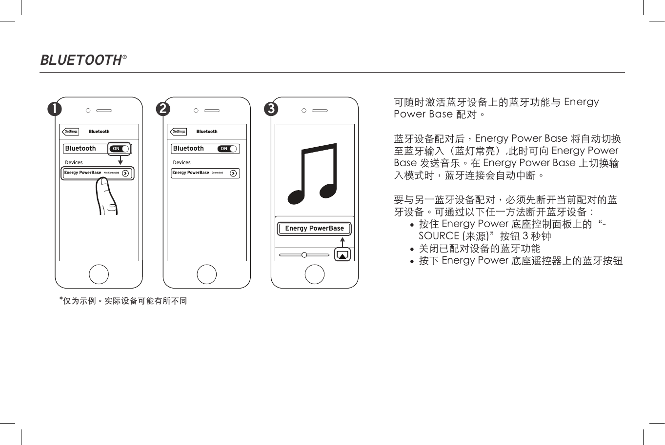 Bluetooth ®BluetoothBluetoothONEnergy PowerBaseDevicesConnectedSettingsBluetoothBluetoothONEnergy PowerBase Energy PowerBaseDevicesNot ConnectedSettings1 2 3 可随时激活蓝牙设备上的蓝牙功能与 Energy Power Base 配对。蓝牙设备配对后，Energy Power Base 将自动切换至蓝牙输入（蓝灯常亮）,此时可向 Energy Power Base 发送音乐。在 Energy Power Base 上切换输入模式时，蓝牙连接会自动中断。 要与另一蓝牙设备配对，必须先断开当前配对的蓝牙设备。可通过以下任一方法断开蓝牙设备：•  按住 Energy Power 底座控制面板上的“-SOURCE (来源)”按钮 3 秒钟•  关闭已配对设备的蓝牙功能•  按下 Energy Power 底座遥控器上的蓝牙按钮*仅为示例。实际设备可能有所不同