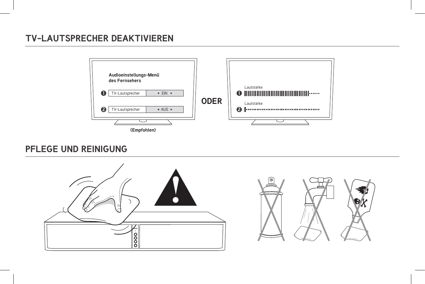 TV-LAUTSPRECHER DEAKTIVIERENPFLEGE UND REINIGUNGTV-LautsprecherAudioeinstellungs-Menü des Fernsehers(Empfohlen)ODERLautstärkeLautstärkeEINTV-Lautsprecher AUS1212  