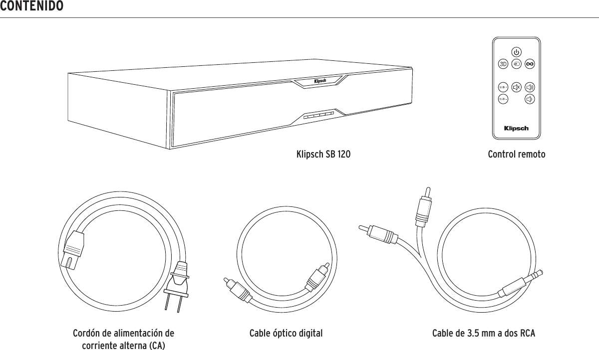 CONTENIDOKlipsch SB 120 Control remoto Cordón de alimentación de corriente alterna (CA)Cable óptico digital  Cable de 3.5 mm a dos RCA