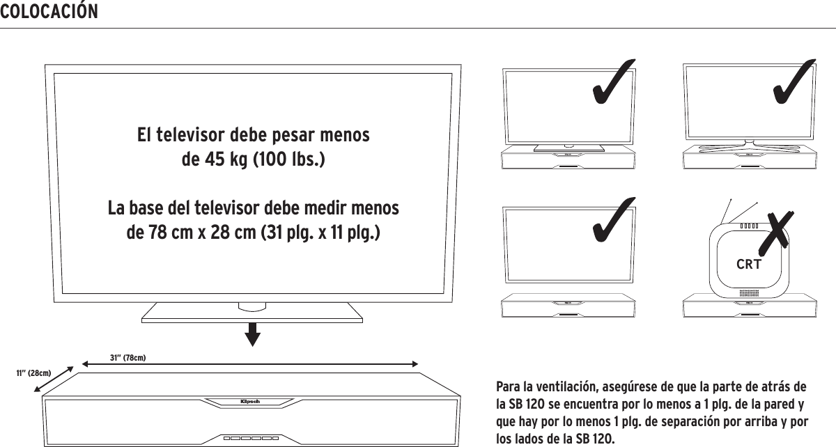31” (78cm)11” (28cm)CRT31” (78cm)11” (28cm)CRTCOLOCACIÓNEl televisor debe pesar menos de 45 kg (100 lbs.)La base del televisor debe medir menos de 78 cm x 28 cm (31 plg. x 11 plg.) Para la ventilación, asegúrese de que la parte de atrás de la SB 120 se encuentra por lo menos a 1 plg. de la pared y que hay por lo menos 1 plg. de separación por arriba y por los lados de la SB 120.