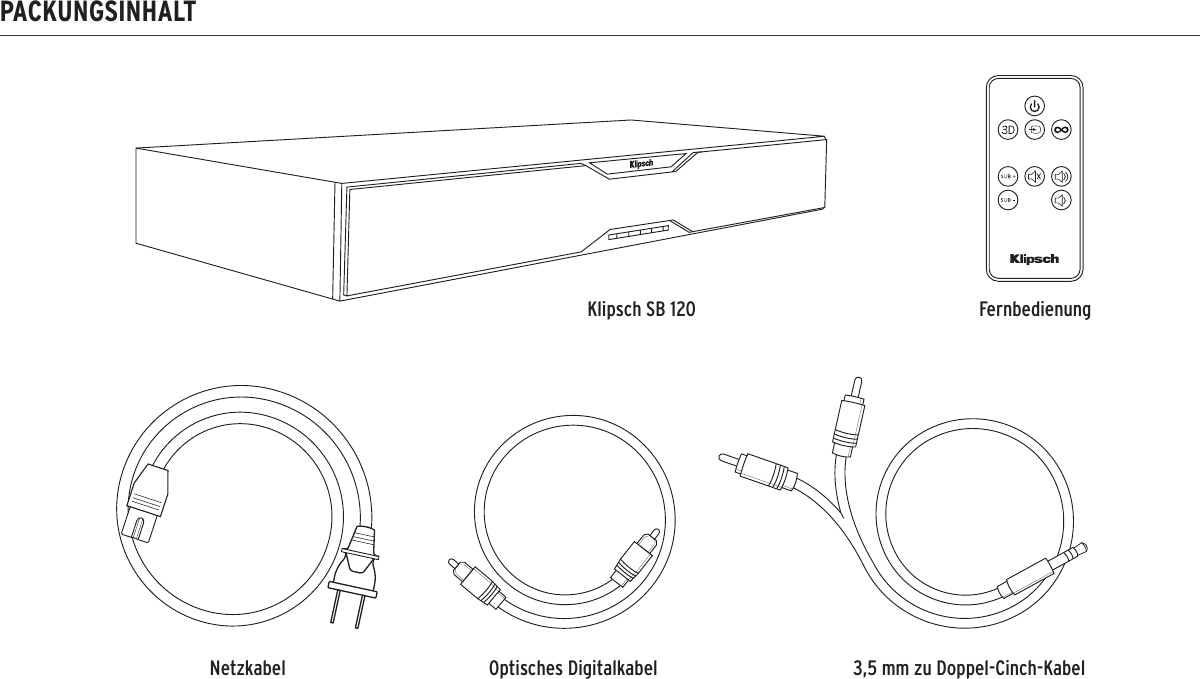 PACKUNGSINHALTKlipsch SB 120 FernbedienungNetzkabel Optisches Digitalkabel   3,5 mm zu Doppel-Cinch-Kabel