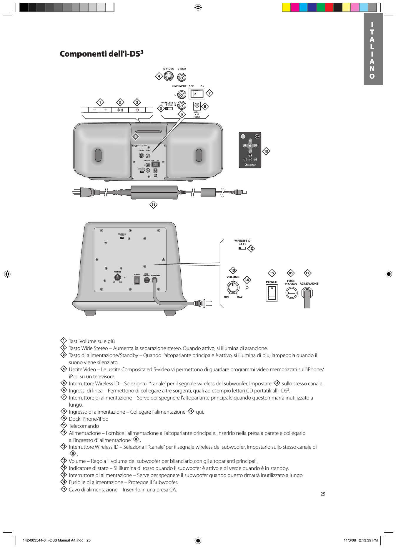 25ITALIANOComponenti dell&apos;i-DS31 Tasti Volume su e giù 2Tasto Wide Stereo – Aumenta la separazione stereo. Quando attivo, si illumina di arancione.3Tastodialimentazione/Standby–Quandol&apos;altoparlanteprincipaleèattivo,siilluminadiblu;lampeggiaquandoilsuono viene silenziato.4UsciteVideo–LeusciteCompositaedS-videovipermettonodiguardareprogrammivideomemorizzatisull&apos;iPhone/iPod su un televisore. 5 Interruttore Wireless ID – Seleziona il “canale” per il segnale wireless del subwoofer. Impostare = sullo stesso canale. 6 Ingressi di linea – Permettono di collegare altre sorgenti, quali ad esempio lettori CD portatili all&apos;i-DS3. 7 Interruttore di alimentazione – Serve per spegnere l&apos;altoparlante principale quando questo rimarrà inutilizzato a lungo.8 Ingresso di alimentazione – Collegare l&apos;alimentazione - qui.9DockiPhone/iPod0Telecomando- Alimentazione – Fornisce l&apos;alimentazione all&apos;altoparlante principale. Inserirlo nella presa a parete e collegarlo all&apos;ingresso di alimentazione 8.= Interruttore Wireless ID – Seleziona il “canale” per il segnale wireless del subwoofer. Impostarlo sullo stesso canale di 5.q Volume – Regola il volume del subwoofer per bilanciarlo con gli altoparlanti principali.w Indicatore di stato – Si illumina di rosso quando il subwoofer è attivo e di verde quando è in standby.e Interruttore di alimentazione – Serve per spegnere il subwoofer quando questo rimarrà inutilizzato a lungo.r Fusibile di alimentazione – Protegge il Subwoofer.  t Cavo di alimentazione – Inserirlo in una presa CA.WIRELESS ID4321VOLUMEPOWER FUSET1A/250V AC120V/60HZMIN MAXi-DS3WIRELESS ID4321VOLUMEPOWER FUSET1A/250V AC120V/60HZMIN MAX1 2 345768=-09qwe r t 142-003544-0_i-DS3 Manual A4.indd   25 11/3/08   2:13:39 PM