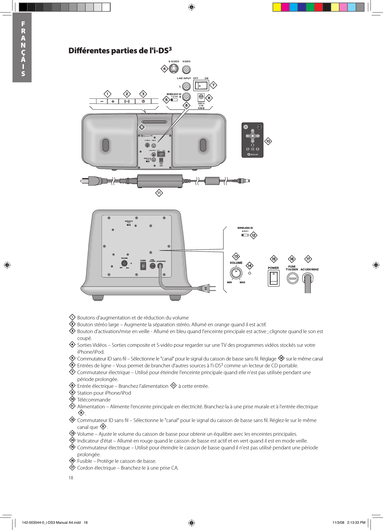 18FRANÇAISDiérentes parties de l&apos;i-DS31 Boutons d&apos;augmentation et de réduction du volume2Bouton stéréo large – Augmente la séparation stéréo. Allumé en orange quand il est actif.3Boutond&apos;activation/miseenveille-Alluméenbleuquandl&apos;enceinteprincipaleestactive;clignotequandlesonestcoupé.4 Sorties Vidéos – Sorties composite et S-vidéo pour regarder sur une TV des programmes vidéos stockés sur votre iPhone/iPod.5 Commutateur ID sans ﬁl – Sélectionne le &quot;canal&quot; pour le signal du caisson de basse sans ﬁl. Réglage = sur le même canal 6 Entrées de ligne – Vous permet de brancher d&apos;autres sources à l&apos;i-DS3 comme un lecteur de CD portable. 7 Commutateur électrique – Utilisé pour éteindre l&apos;enceinte principale quand elle n&apos;est pas utilisée pendant une période prolongée.8 Entrée électrique – Branchez l&apos;alimentation - à cette entrée.9StationpouriPhone/iPod0Télécommande- Alimentation – Alimente l&apos;enceinte principale en électricité. Branchez-la à une prise murale et à l&apos;entrée électrique 8.= Commutateur ID sans ﬁl – Sélectionne le &quot;canal&quot; pour le signal du caisson de basse sans ﬁl. Réglez-le sur le même canal que 5.q Volume – Ajuste le volume du caisson de basse pour obtenir un équilibre avec les enceintes principales.w Indicateur d&apos;état – Allumé en rouge quand le caisson de basse est actif et en vert quand il est en mode veille.e Commutateur électrique – Utilisé pour éteindre le caisson de basse quand il n&apos;est pas utilisé pendant une période prolongée.r Fusible – Protège le caisson de basse.  t Cordon électrique – Branchez-le à une prise CA.WIRELESS ID4321VOLUMEPOWER FUSET1A/250V AC120V/60HZMIN MAXi-DS3WIRELESS ID4321VOLUMEPOWER FUSET1A/250V AC120V/60HZMIN MAX1 2 345768=-09qwe r t 142-003544-0_i-DS3 Manual A4.indd   18 11/3/08   2:13:33 PM