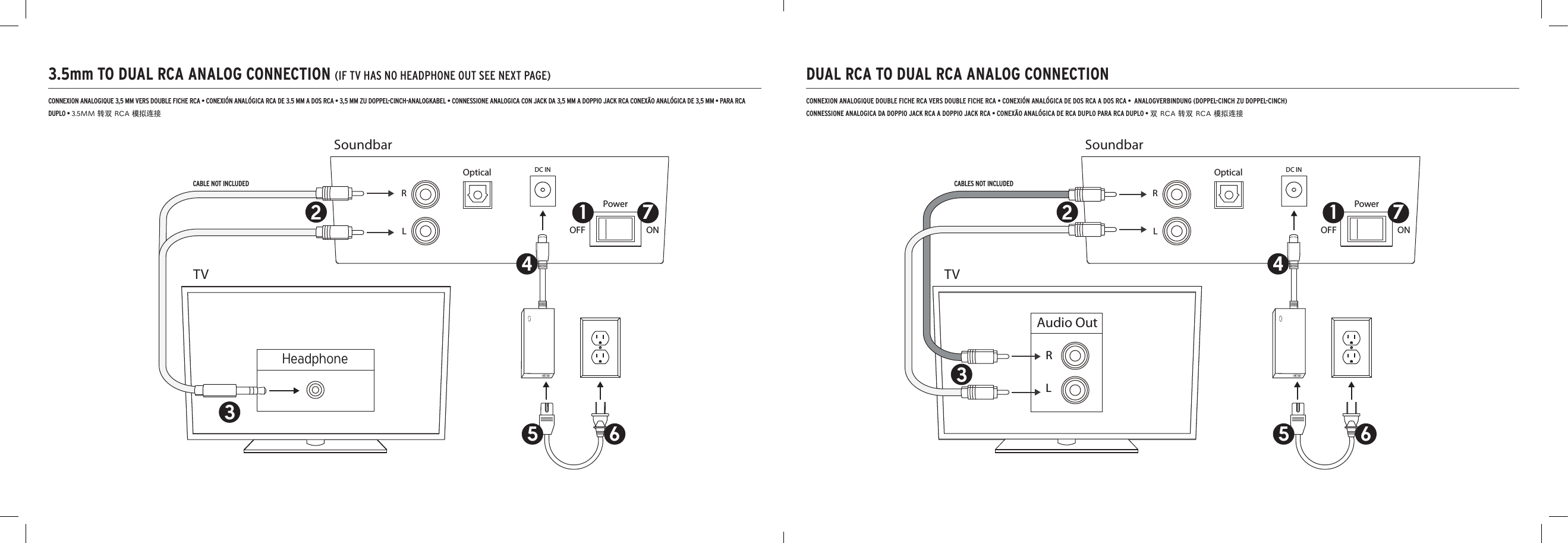 ONOFFPowerDC INOpticalRLHeadphoneAudio OutRLONOFFPowerDC INOpticalRLONOFFPowerDC INOpticalRLFactory Use Only6 72233OpticalSoundbarTVDigital Audio Out4851 71 715 6SoundbarTV 4235 6SoundbarTV 43.5mm TO DUAL RCA ANALOG CONNECTION (IF TV HAS NO HEADPHONE OUT SEE NEXT PAGE) CONNEXION ANALOGIQUE 3,5 MM VERS DOUBLE FICHE RCA • CONEXIÓN ANALÓGICA RCA DE 3.5 MM A DOS RCA • 3,5 MM ZU DOPPEL-CINCH-ANALOGKABEL • CONNESSIONE ANALOGICA CON JACK DA 3,5 MM A DOPPIO JACK RCA CONEXÃO ANALÓGICA DE 3,5 MM • PARA RCA DUPLO • 3.5MM 转双 RCA 模拟连接CABLE NOT INCLUDEDDUAL RCA TO DUAL RCA ANALOG CONNECTIONONOFFPowerDC INOpticalRLHeadphoneAudio OutRLONOFFPowerDC INOpticalRLONOFFPowerDC INOpticalRLFactory Use Only6 72233OpticalSoundbarTVDigital Audio Out4851 71 715 6SoundbarTV 4235 6SoundbarTV 4CONNEXION ANALOGIQUE DOUBLE FICHE RCA VERS DOUBLE FICHE RCA • CONEXIÓN ANALÓGICA DE DOS RCA A DOS RCA •  ANALOGVERBINDUNG (DOPPEL-CINCH ZU DOPPEL-CINCH)CONNESSIONE ANALOGICA DA DOPPIO JACK RCA A DOPPIO JACK RCA • CONEXÃO ANALÓGICA DE RCA DUPLO PARA RCA DUPLO • 双 RCA 转双 RCA 模拟连接CABLES NOT INCLUDED