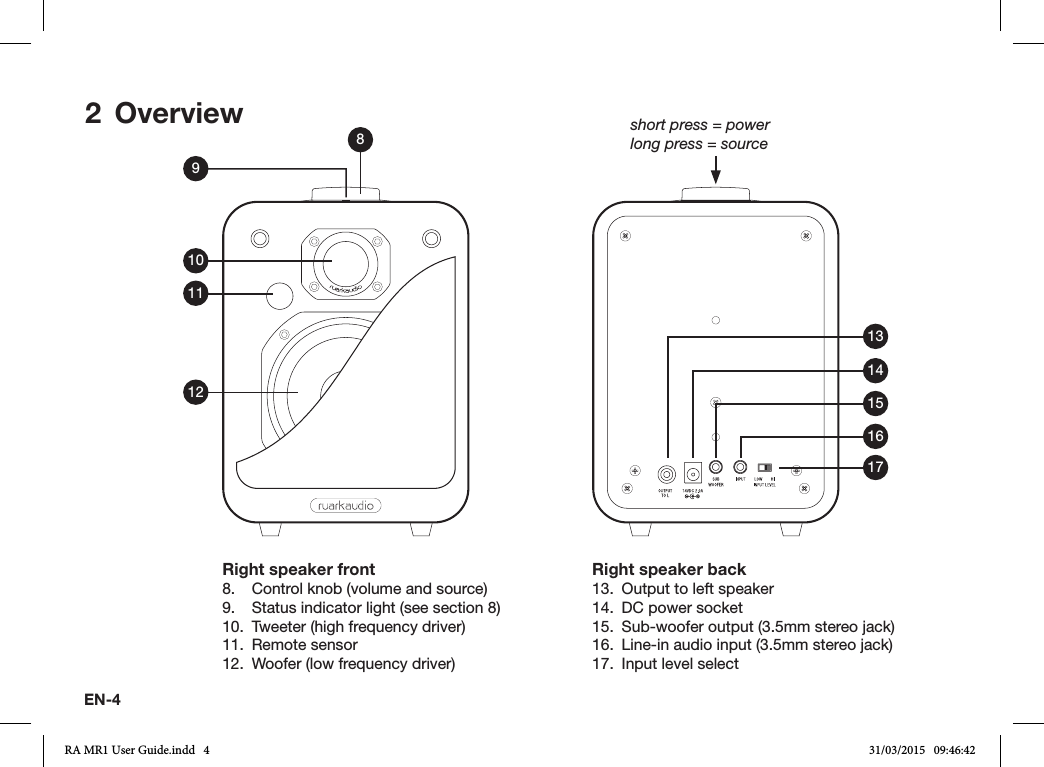 EN-4Right speaker back13.  Output to left speaker14.  DC power socket15.  Sub-woofer output (3.5mm stereo jack)16.  Line-in audio input (3.5mm stereo jack)17.  Input level selectRight speaker front8.  Control knob (volume and source)9.  Status indicator light (see section 8)10.  Tweeter (high frequency driver)11.  Remote sensor12.  Woofer (low frequency driver)2 Overview810916171514131112short press = powerlong press = sourceRA MR1 User Guide.indd   4 31/03/2015   09:46:42