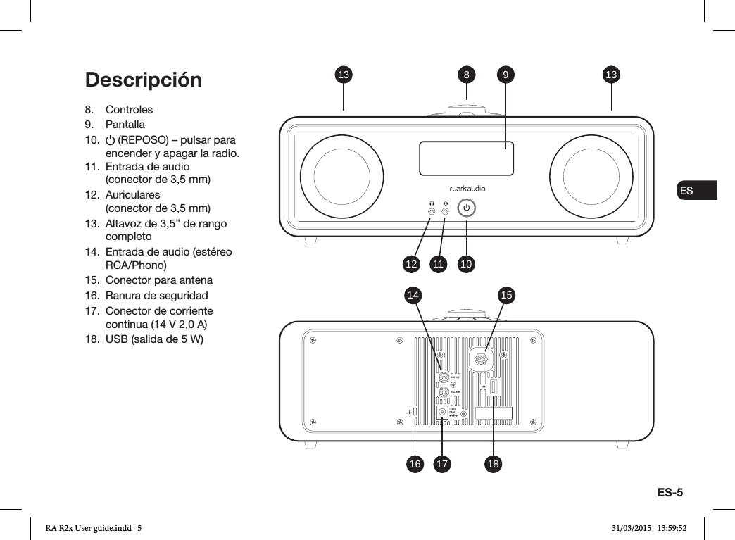 ES-5ENDADE ESFRITNLNO8. Controles9. Pantalla10.   (REPOSO) – pulsar para encender y apagar la radio.11.  Entrada de audio  (conector de 3,5 mm)12. Auriculares  (conector de 3,5 mm)13.  Altavoz de 3,5” de rango completo14.  Entrada de audio (estéreo RCA/Phono)15.  Conector para antena16.  Ranura de seguridad17.  Conector de corriente continua (14 V 2,0 A)18.  USB (salida de 5 W)Descripción 9 1313 810111214 1516 17 18RA R2x User guide.indd   5 31/03/2015   13:59:52